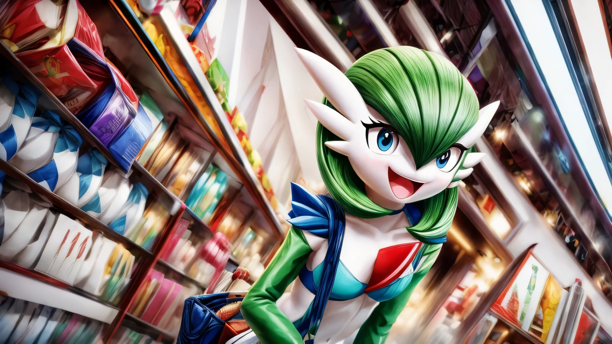 (best quality,4k,8k,highres,masterpiece:1.2),ultra-detailed, Gardevoir as a College Girl shopping in a mall, strutting her stuff, Smiling and laughing, Flirting with the viewer, Pokémon, Pokémon (game), game freak, nintendo, (porcelain skin), blue eyes, (hair green), Pokeball purse, HDR, 8k, absurdres, cinestill 800, sharp focus, add_detail:3 (solo woman) Tenchan