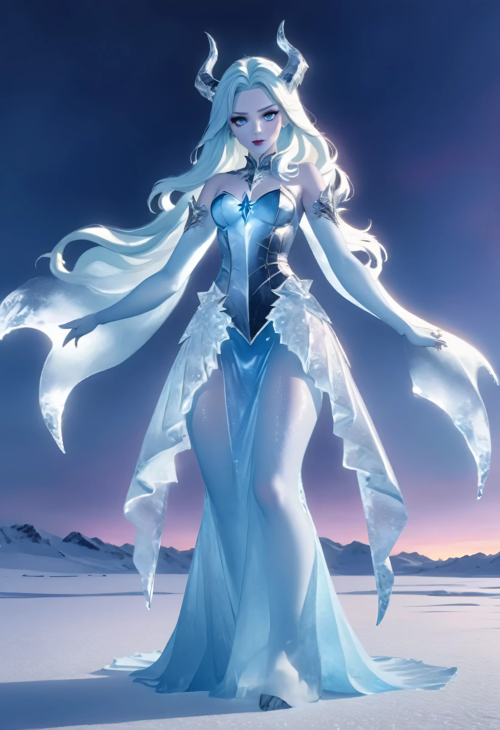 (8k, highest quality, masterpiece: 1.2), (realistic, realistic: 1.37), Super detailed, ((an ice female sexy demon:1))、Standing in the frozen snow field、Witch wearing pale armor, ((sexy costume:1)), SEXY female devil, ((aurora in the night sky)),  ((pale blue skin:1))
