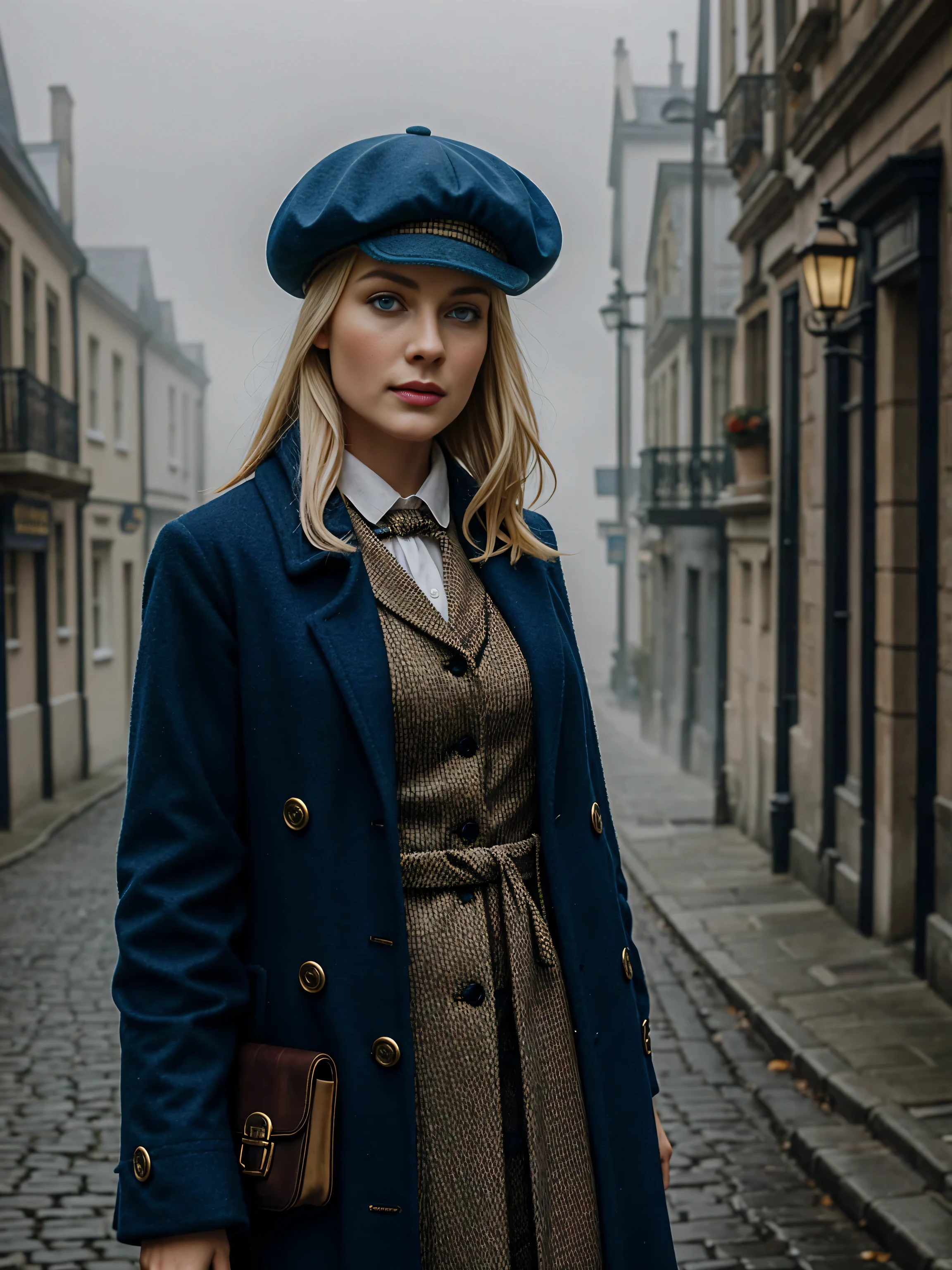 Arafed woman in a blue coat and hat standing on a cobblestone street ...