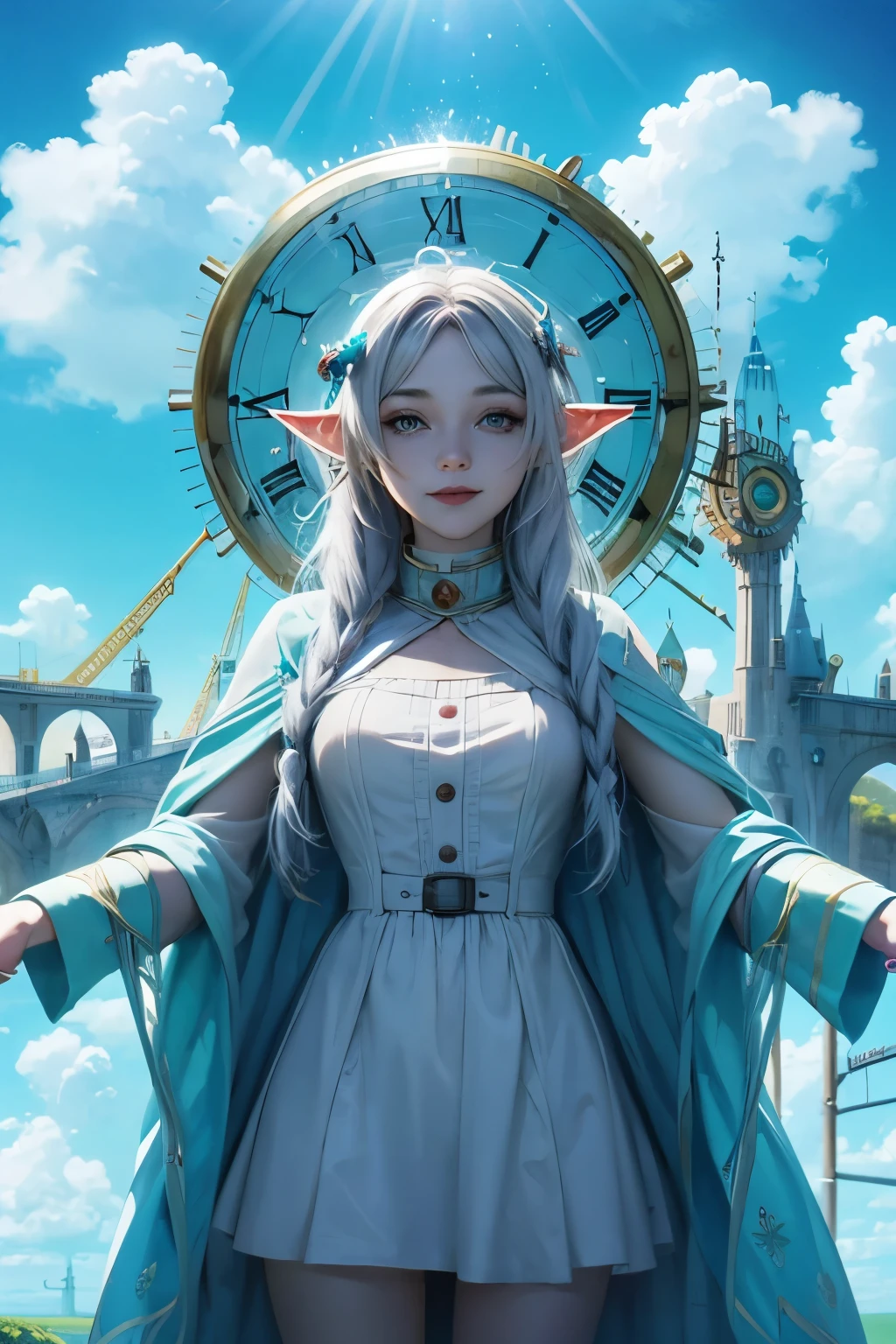"((Innocent)) Smile, playful escapade, clockwork wonderland, joyous moments frozen in time, ((effervescent clouds)), liquid laughter, vibrant colors, whimsical tales,frieren, Elf
