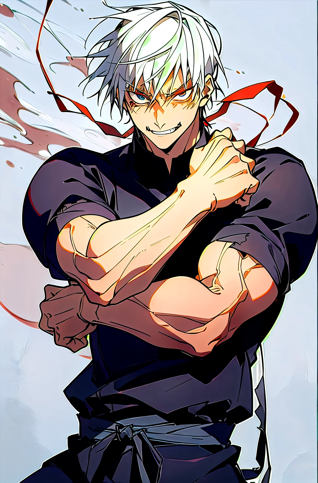 (masterpiece, best quality:1.2),white hair,cowboy shot, solo, male focus, 1boy, fushiguro toji, muscular male, evil grin, looking at viewer, black shirt, short sleeves, pantsRyota is tall and muscular, with a rugged, weather-beaten appearance that speaks to a lifetime of battle-hardened experience. His piercing gaze and stoic demeanor betray a sense of quiet intensity, hinting at the formidable warrior lurking beneath the surface. He dresses in simple, utilitarian attire, favoring dark colors and lightweight armor that allows for maximum mobility in combat.