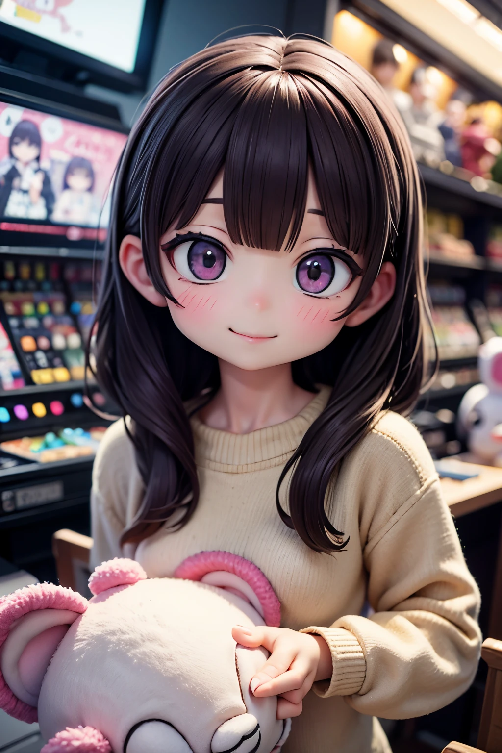 A girl looking into a stuffed animal picking game at a game center、sparkling eyes、smile、