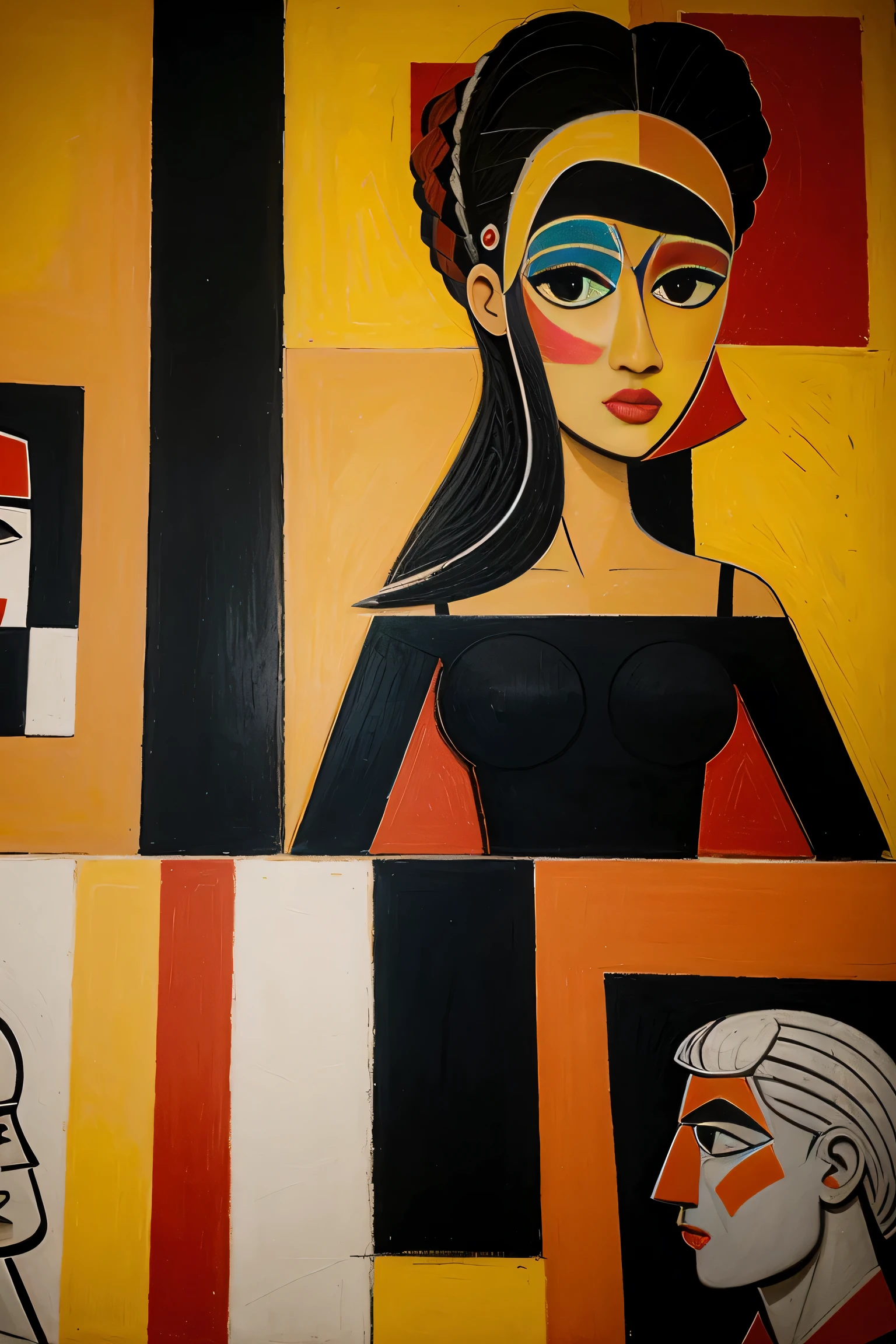 una pintura de un mujer y hombre. Solo colores   y rojo.  sobre un fondo neutro.,, impressive representation,  inspirado en Picasso,, elementos vintage antiguos. 