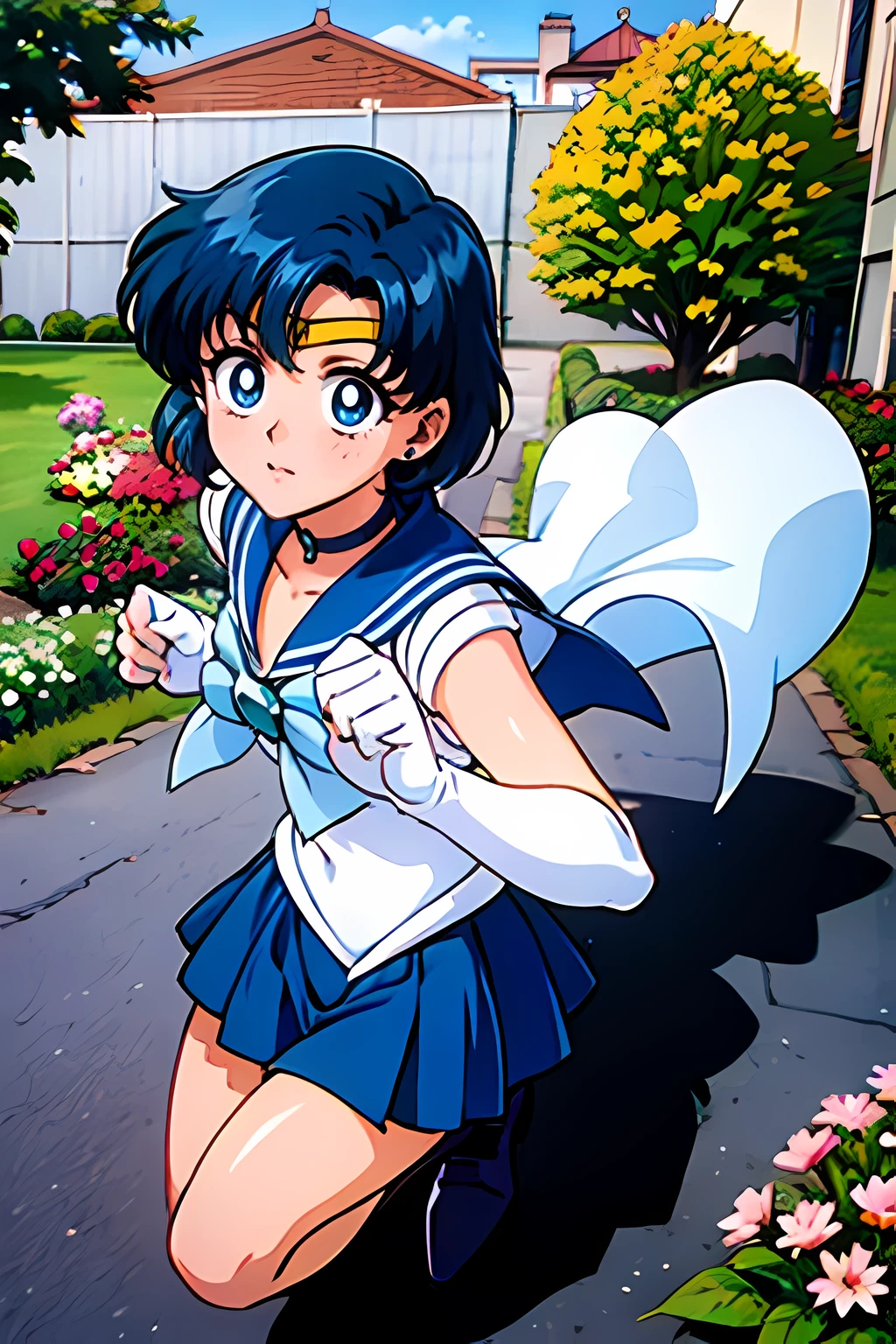 (highest quality:1.3),(ultra-be familiar with:1.5),High resolution,extremely be familiar with CG,unity 8k wallpaper,official art,be familiar with,super be familiar with skin,perfect anatomy,beautiful be familiar with eyes,(anime screenshot:1.11),very delicate and beautiful,(90s anime,90s anime style,cel shaded anime:1.17),1 girl,alone,
((mer1:1.52)), anmnr,tiara, sailor senshi uniform, blue sailor collar, bow, knee boots, choker, white gloves, blue choker, elbow gloves, jewelry, earrings, blue skirt,
(fighting pose:1.25),((garden :1.2)),at dusk, ((Recommended for scenes with strong dark shadows:1.2)), golden flower ,beautiful magical style, intense, concept art, digital painting,