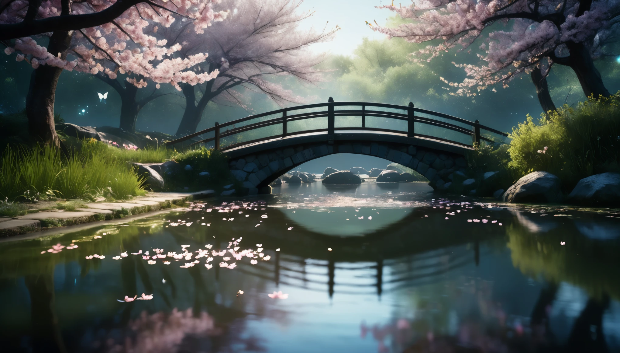 sharp focus,spring morning,bridge over the pond,clear water,flower,falling cherry blossom petals,glowing butterflies,fireflies,bioluminescent,Masterpiece,highest quality,photo,color grading,by lee jeffries,nikon d850,film stock photograph 4,kodak portra 400,f 1.6, rich colors,ultra-realistic,lifelike textures,dramatic lighting,unreal engine,cinestill 800