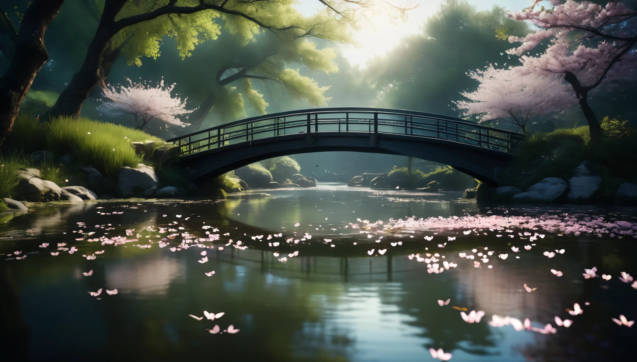 sharp focus,spring morning,bridge over the pond,clear water,flower,falling cherry blossom petals,glowing butterflies,fireflies,bioluminescent,Masterpiece,highest quality,photo,color grading,by lee jeffries,nikon d850,film stock photograph 4,kodak portra 400,f 1.6, rich colors,ultra-realistic,lifelike textures,dramatic lighting,unreal engine,cinestill 800