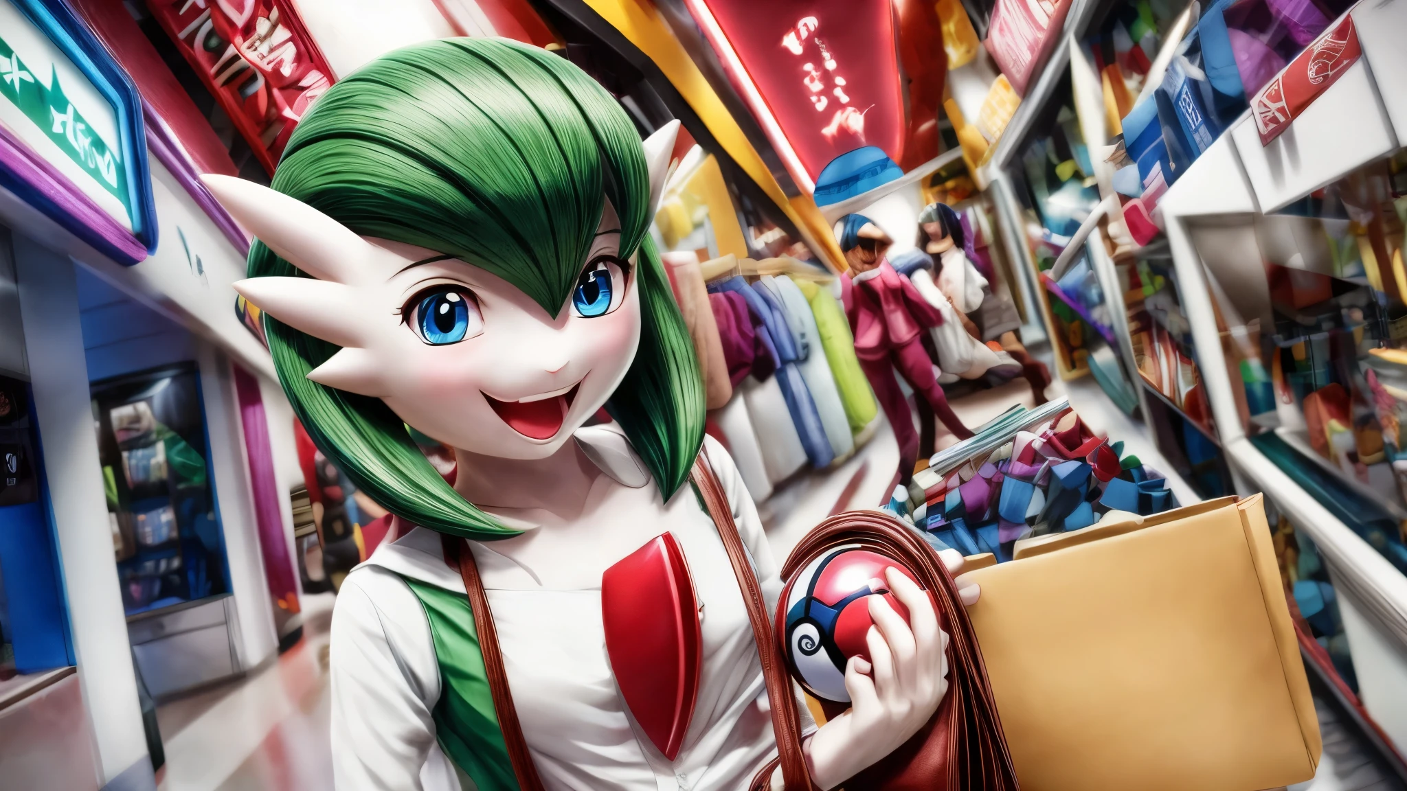 (best quality,4k,8k,highres,masterpiece:1.2),ultra-detailed, Gardevoir as a College Girl shopping in a mall, strutting her stuff, Smiling and laughing, Flirting with the viewer, Pokémon, Pokémon (game), game freak, nintendo, (porcelain skin), blue eyes, (hair green), carrying a purse shaped like a pokeball, HDR, 8k, absurdres, cinestill 800, sharp focus, add_detail:3 (solo woman) Tenchan
