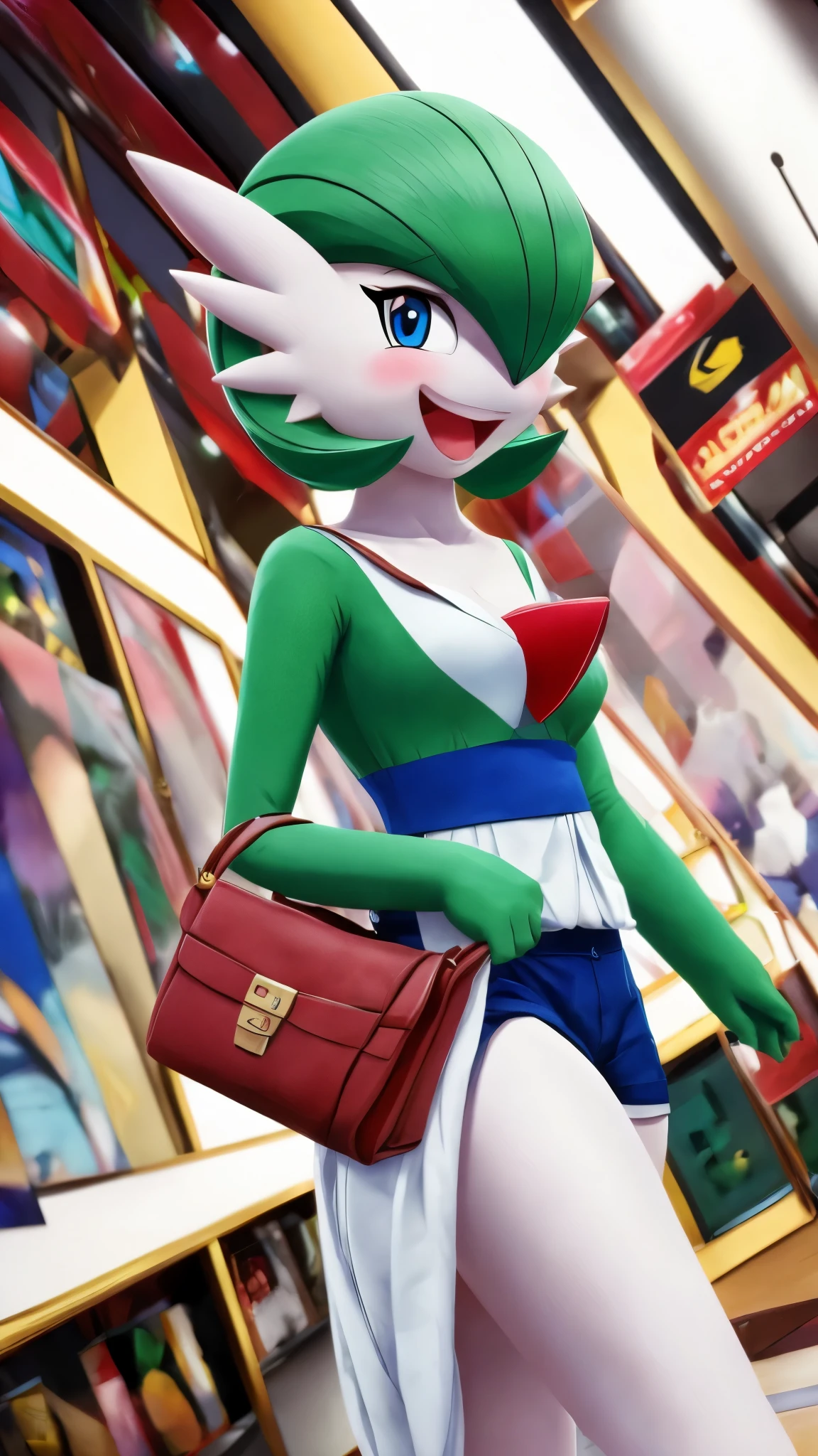 (best quality,4k,8k,highres,masterpiece:1.2),ultra-detailed, Gardevoir as a College Girl shopping in a mall, strutting her stuff, Smiling and laughing, Flirting with the viewer, Pokémon, Pokémon (game), game freak, nintendo, (porcelain skin), blue eyes, (hair green), carrying a purse shaped like a pokeball, HDR, 8k, absurdres, cinestill 800, sharp focus, add_detail:3 (solo woman) Tenchan
