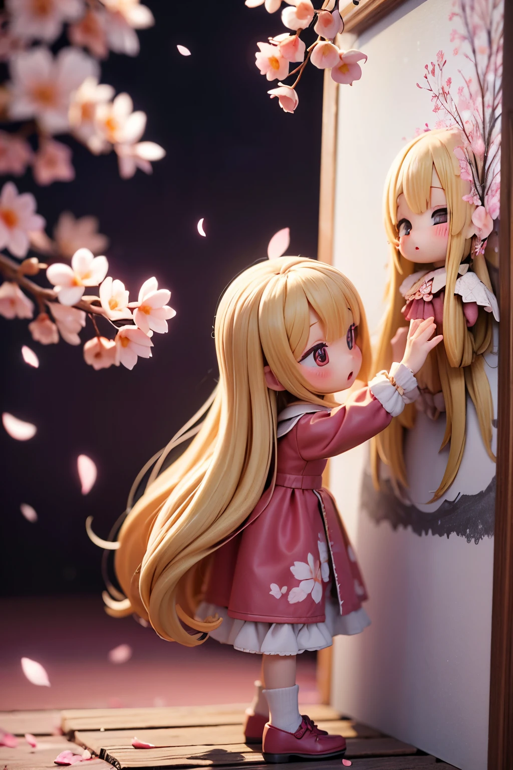 Doll standing in front of the painting、blonde、Yawning face、Rococo、(high definition figures)、Flowing cherry colored silk、cherry blossom petals、Flowing cherry blossom silk、Taken from the side、Bokeh effect strong、season!!: 🌸 ☀ 🍂 ❄