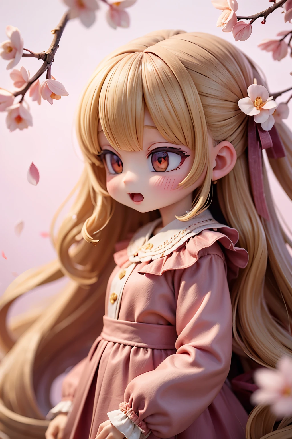 Doll standing in front of the painting、blonde、Yawning face、Rococo、(high definition figures)、Flowing cherry colored silk、cherry blossom petals、Flowing cherry blossom silk、Taken from the side、Bokeh effect strong、season!!: 🌸 ☀ 🍂 ❄