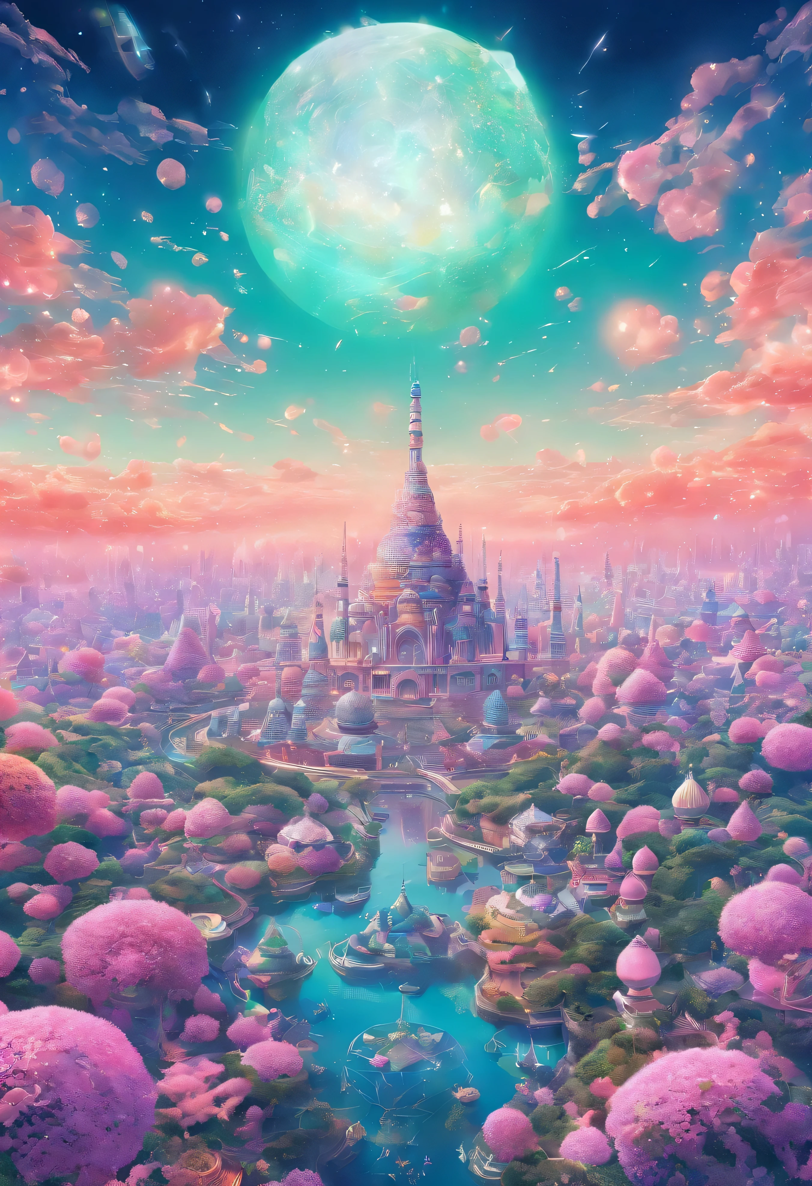 title: 「fantasy twilight」 explanation: This 8K raw photo、So beautiful that it can be called a masterpiece、Illustrated with life-like realism and ultra-high resolution。In the center of the screen is、A fair-skinned, delicate, beautiful girl、sitting on the crescent moon。her long hair shines iridescent、Bubbles surround it as if it were underwater.、green、pink、gold、silver、A universe of emerald green gradations is expanding。 A silver steam guardian nebula floats in the sky.、Corrosive enveloping ray family and colorful stars々、nebula、meteor、comets decorate the sky。Although the scenery of the earth is melancholic,、There is a feeling of ennui、Loneliness and kindness coexist。 on the other hand、Beautiful sunlight shines in the sky、white clouds float、The glow of the sunset illuminates the ground。Floating cities and gardens blooming in the sky、It depicts vines spreading along the wall.、There is a dreamy atmosphere。 This animation、It is depicted as background art for a beautiful anime.、This is a very detailed and beautiful piece of work.。A detailed depiction of the floating city where she sitirage or floating minaret floating in the air、Illusory depiction of a bell tower, etc.、Estrem contains detailed elements。This work、Inviting the viewer to a dream world、Brings a sense of warmth and security。