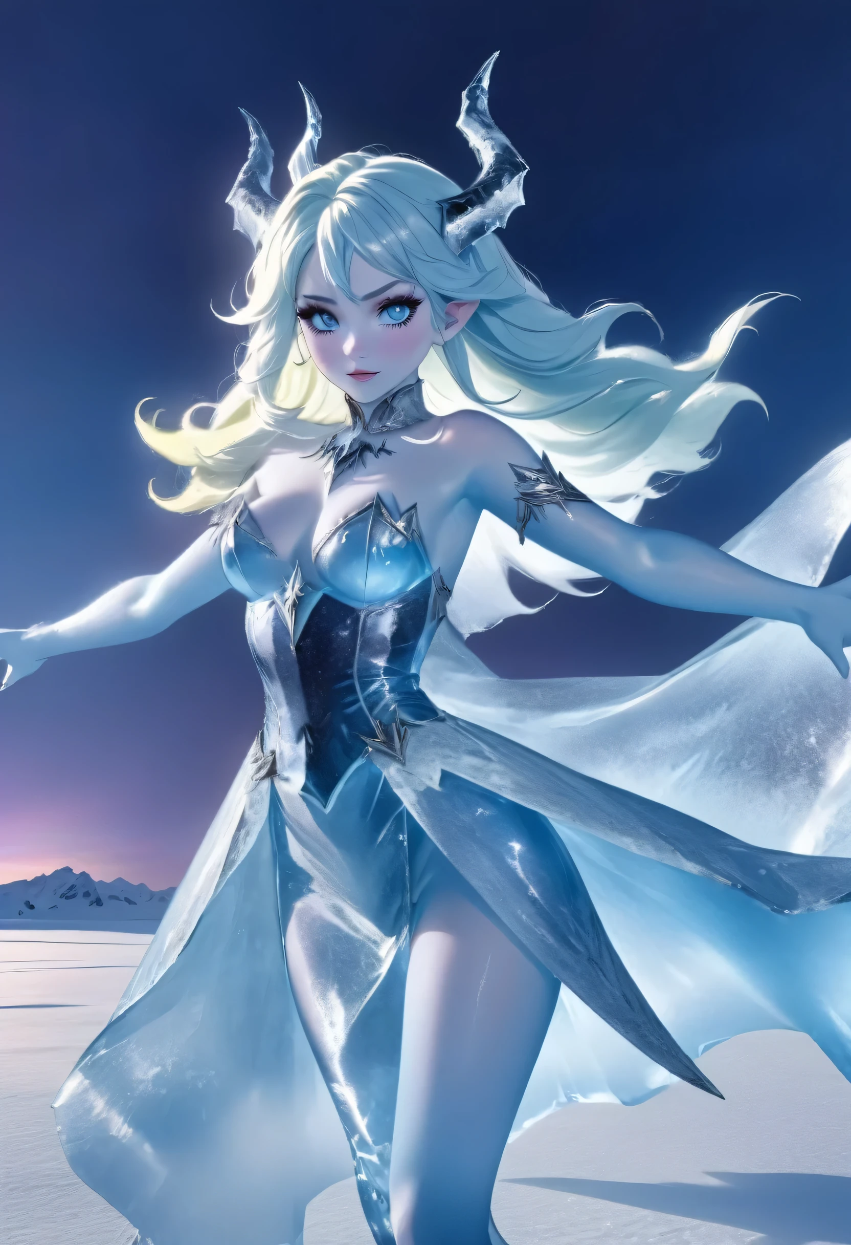 (8k, highest quality, masterpiece: 1.2), (realistic, realistic: 1.37), Super detailed, ((an ice female sexy demon:1))、Standing in the frozen snow field、Witch wearing pale armor, ((sexy costume:1)), SEXY female devil, ((aurora in the night sky)),  ((pale blue skin:1))