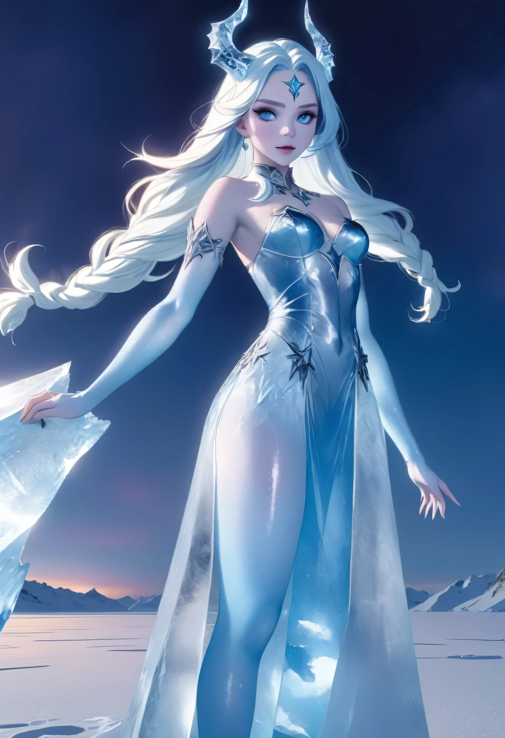 (8k, highest quality, masterpiece: 1.2), (realistic, realistic: 1.37), Super detailed, ((an ice female sexy demon:1))、Standing in the frozen snow field、Witch wearing pale armor, ((sexy costume:1)), SEXY female devil, ((aurora in the night sky)),  ((pale blue skin:1))