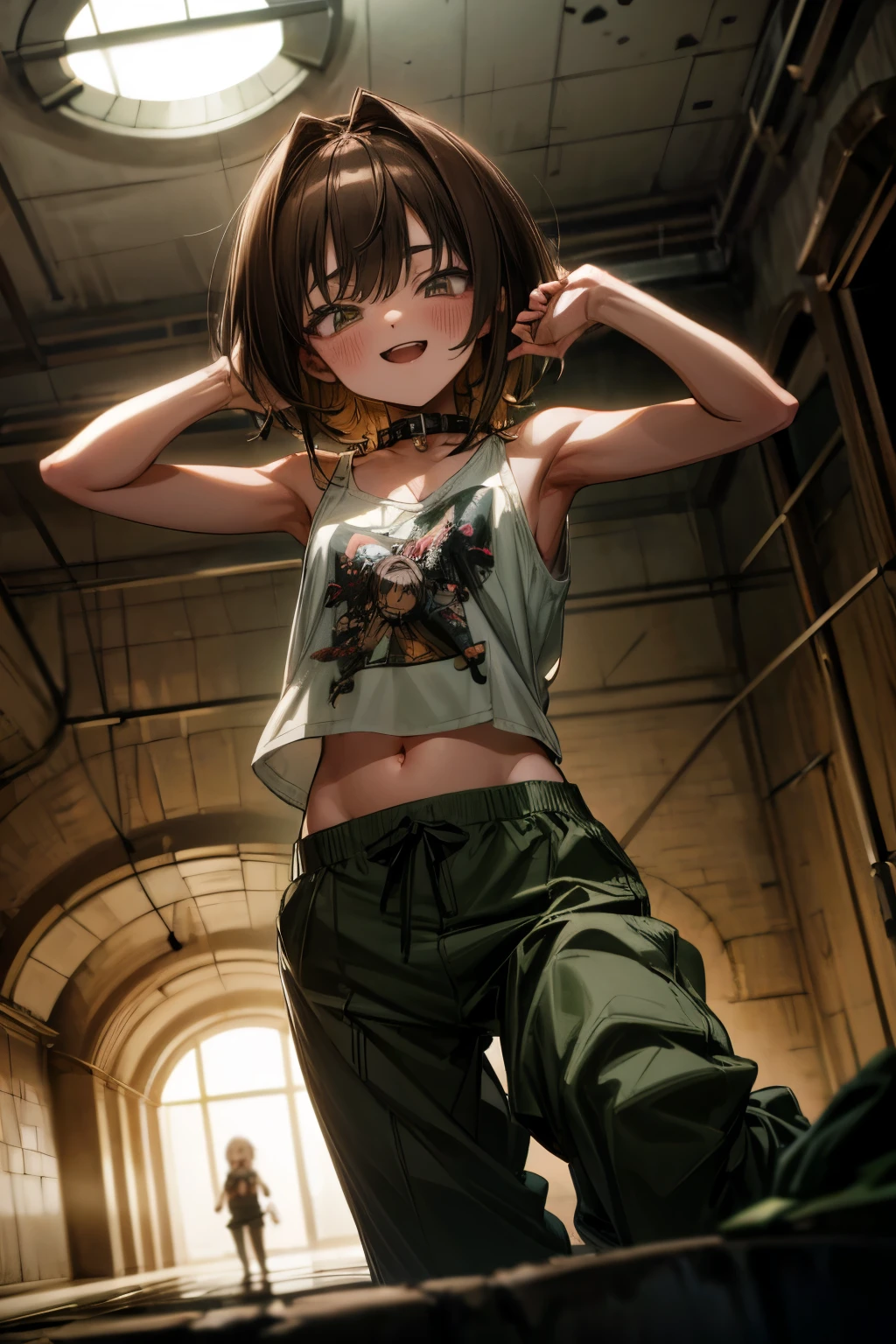 ((Masterpiece)), (Anime:1.5), ((best quality)), (RAW photo:1.2), (High Definition:1.3), (Professional Photography:1.2), (glowing light), 1girl, ((12 years old)), (very smug), open mouth, looking at viewer, (slightly exposed navel), (oversized tanktop), barearms, unruly hair, medium hair, (collar around the neck), pale brown hair, (small breast), cute hip, (loose Boxer pants), BREAK, ((best quality)), (cool pose:1.4), (inside the creepy sewers),