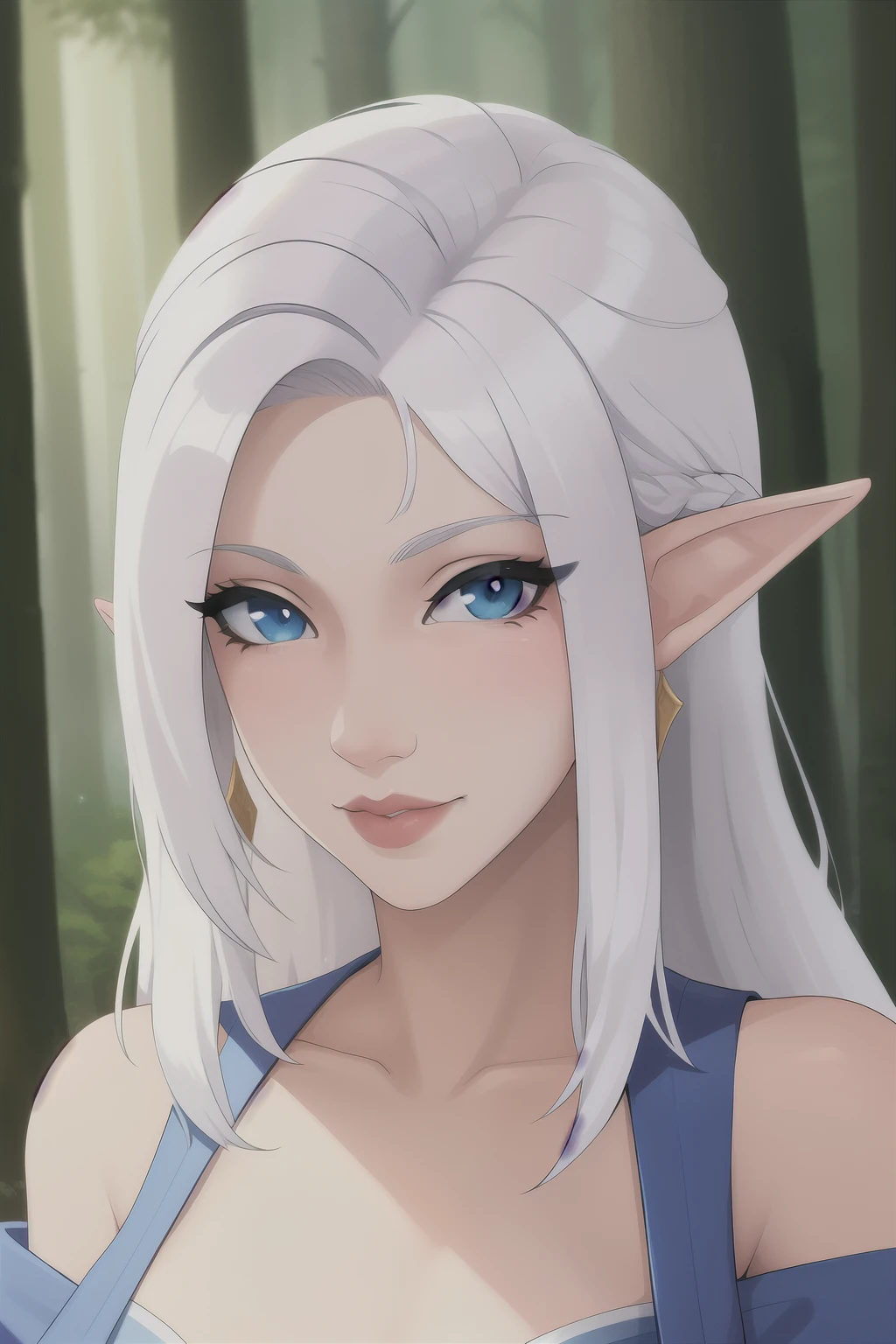 ((Best quality)), ((masterpiece)), (detailed), perfect face Elf huntress, fantasy, woman elf with white hair, forest background, White hair, black stripes on the face, full length, aged woman, light hunter clothing,  woman, full length