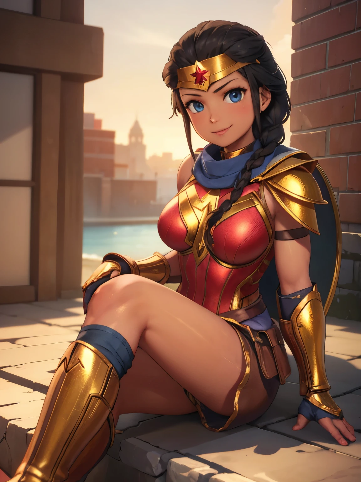 wonder woman,3d,black hair,blue eyes,boots,braid,brown skin,exposed breasts,gauntlets,gold (metal),looking at viewer,sitting,smile,tiara