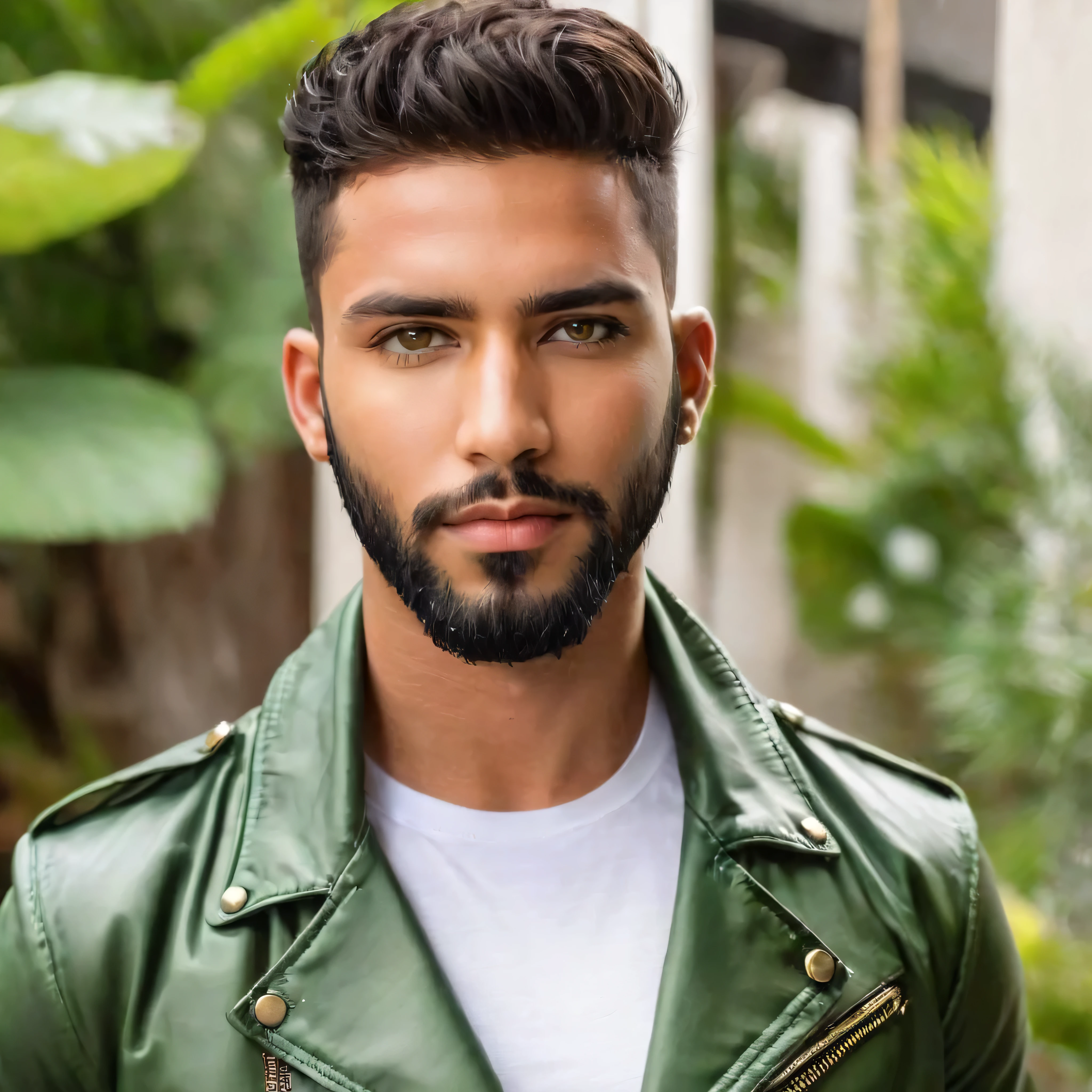 modelo masculino , cabelo raspado militar, barba preta curto bem aparada, olhos verdes realista e naturalmente bonito pele morena clara, fundo de uma sala, modelo vestindo jaqueta de couro,preta camisa branca com colocar de uma moto preta. cabelo raspado, olhos verdes, imagem aconchegante, fechar-se, alta qualidade.