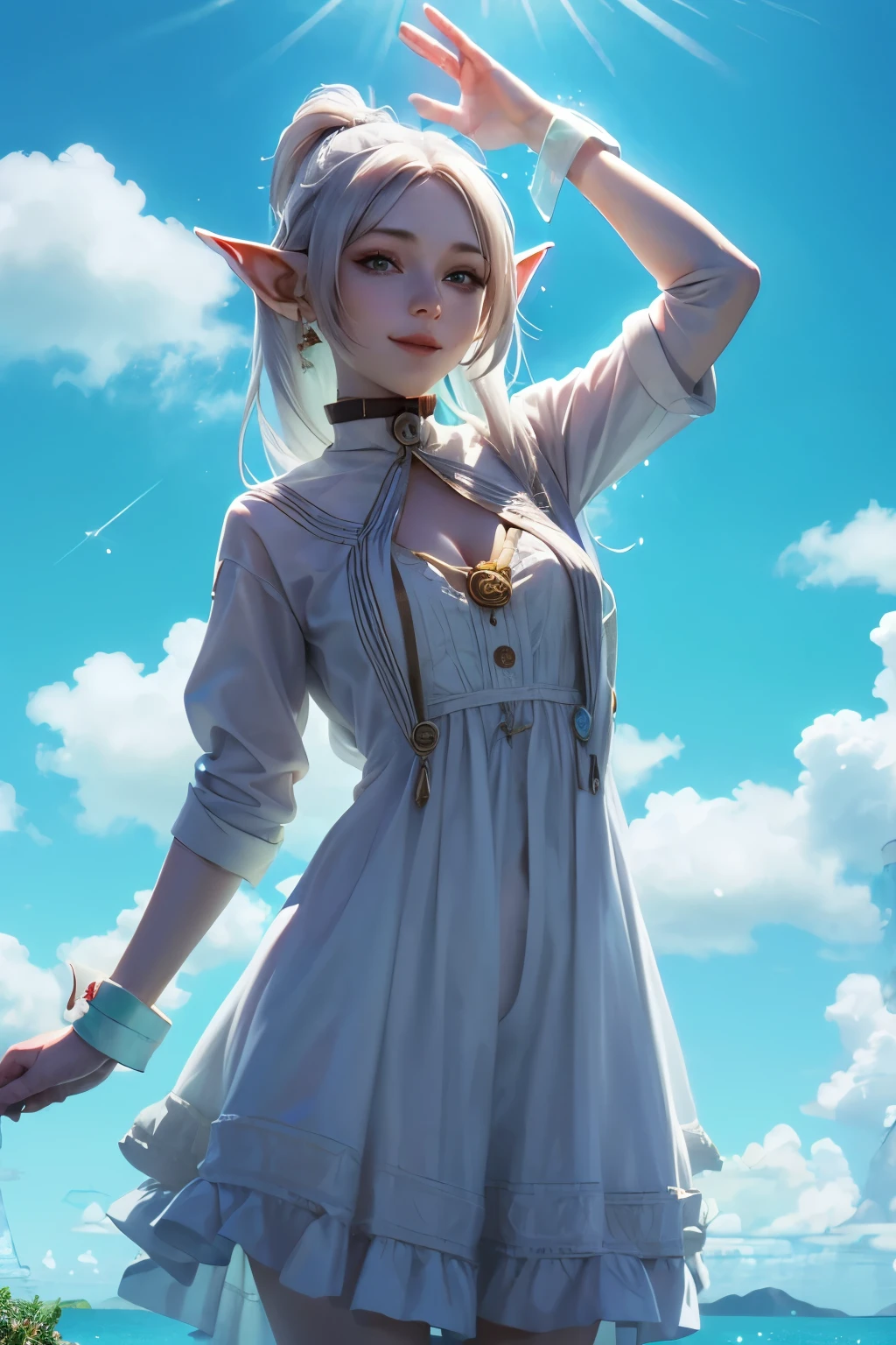 "((Innocent)) Smile, playful escapade, clockwork wonderland, joyous moments frozen in time, ((effervescent clouds)), liquid laughter, vibrant colors, whimsical tales,frieren, Elf