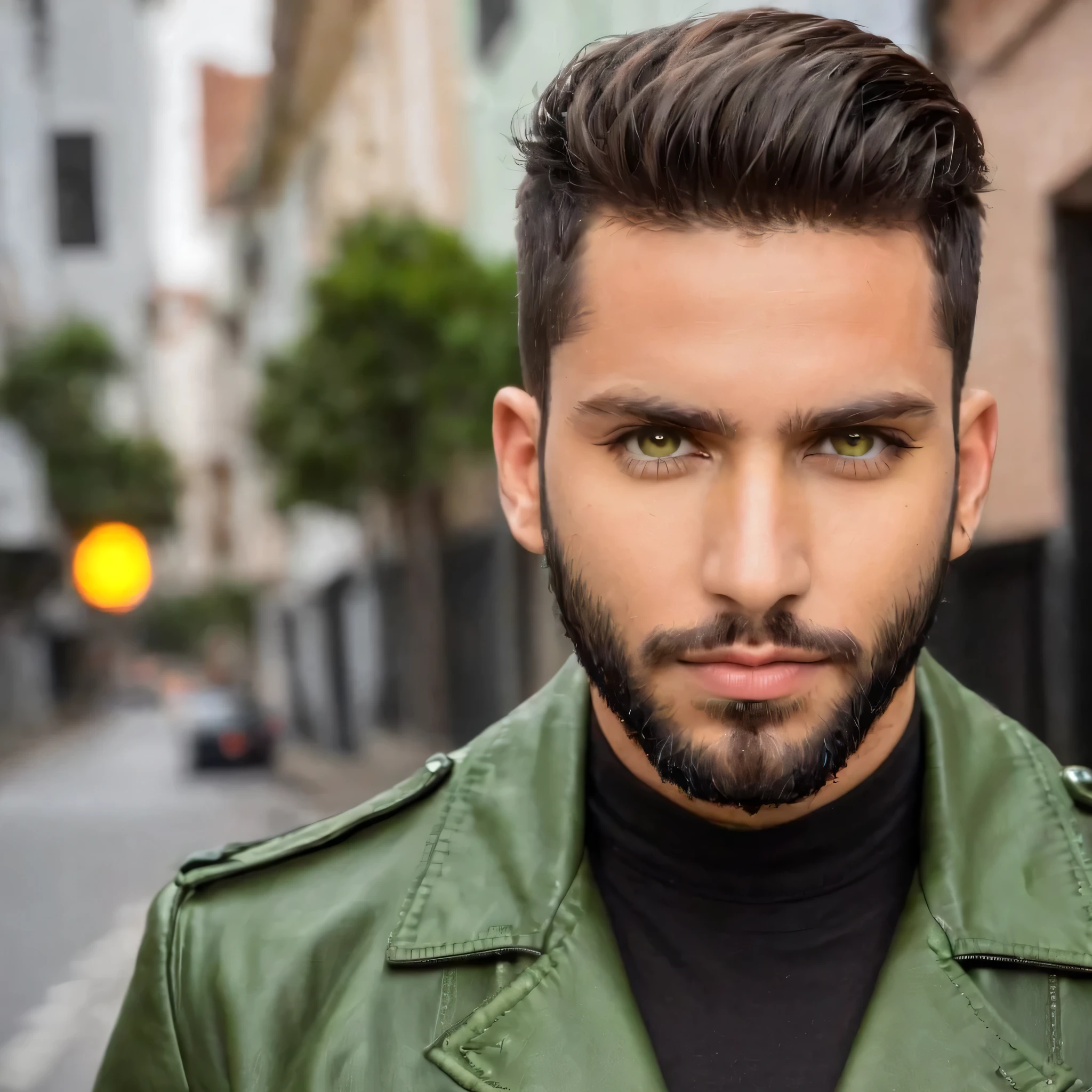 modelo masculino , cabelo raspado militar, barba preta curto bem aparada, olhos verdes realista e naturalmente bonito pele morena clara, fundo de uma sala, modelo vestindo jaqueta de couro,preta camisa branca com colocar de uma moto preta. cabelo raspado, olhos verdes, imagem aconchegante, fechar-se, alta qualidade.