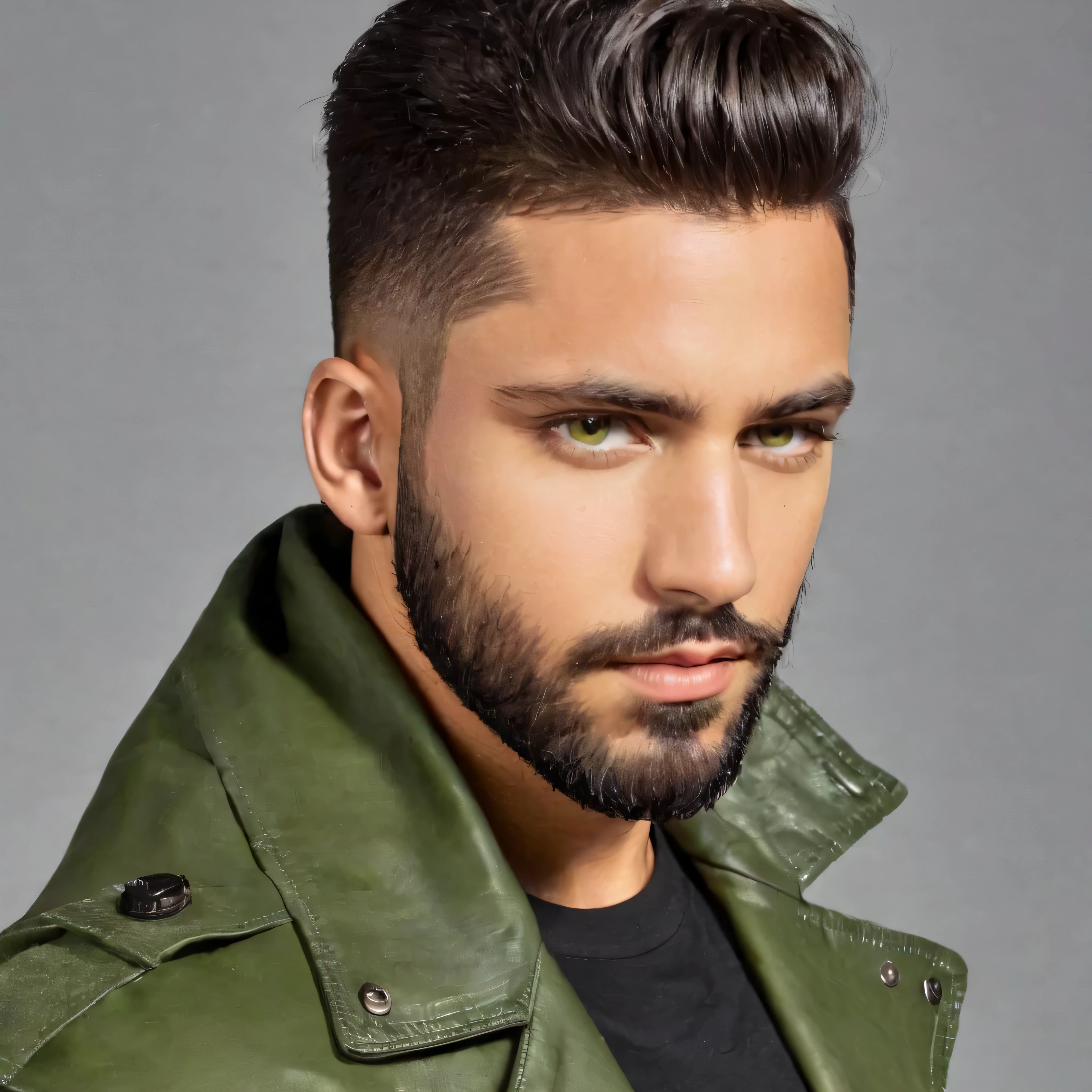 modelo masculino , cabelo raspado militar, barba preta curto bem aparada, olhos verdes realista e naturalmente bonito pele morena clara, fundo de uma sala, modelo vestindo jaqueta de couro,preta camisa branca com colocar de uma moto preta. cabelo raspado, olhos verdes, imagem aconchegante, fechar-se, alta qualidade.