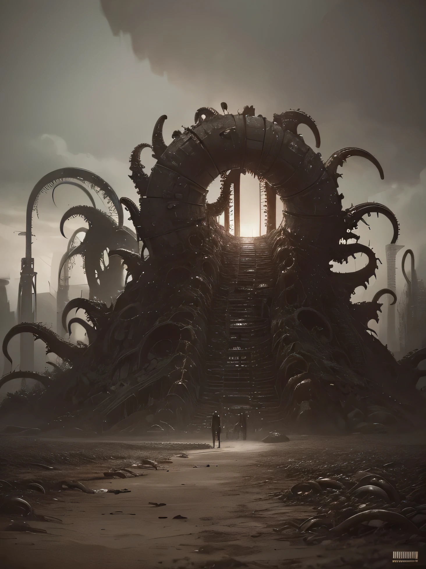 ((gloomy tentacle horror biopunk atmosphere)), lots of grey sand, cold lighting, abandoned sorrow desert wasteland landscape, (scorn videogame style), horror atmosphere, presence of something terrible, highly detailed biopunk background, background by Hans Giger, perfect anatomy, masterpiece