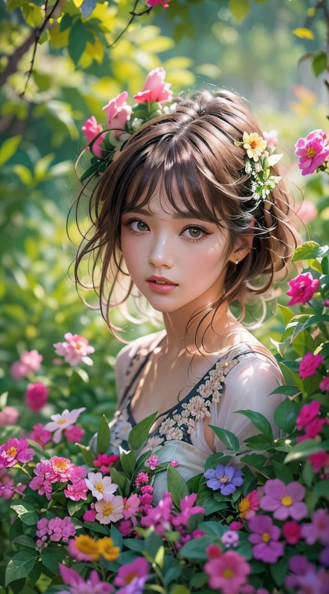 A girl in a floral garden, vibrant with colors, ((photorealistic)),((Hyper realistic)),((sharp focus)),(highest resolution),(the most absurd quality),(masterpiece) portrays a peaceful scene. This artwork, created with (oil paints:1.1), showcases the lush (greenery) and delicate (blooming flowers). The girl is wearing a (flowing dress) that compliments the lively surroundings. Her (beautiful detailed eyes, beautiful detailed lips, long eyelashes) exude a sense of (tranquility) and wonder. The garden is illuminated with (soft sunlight), casting gentle (sunlight) and (shadows) on the girl and the surrounding nature. The combination of (realistic, photorealistic:1.37) details, (sharp focus), and (bokeh) effect results in an (ultra-detailed) and captivating masterpiece. This artwork is evocative of the (impressionism) style, with a (colorful palette) that adds depth and richness to the scene, creating a sense of (serenity) and (joy). The (landscape) is harmoniously balanced, inviting the viewer to immerse themselves in the atmosphere of the garden, feeling the breeze and listening to the gentle rustling of leaves.