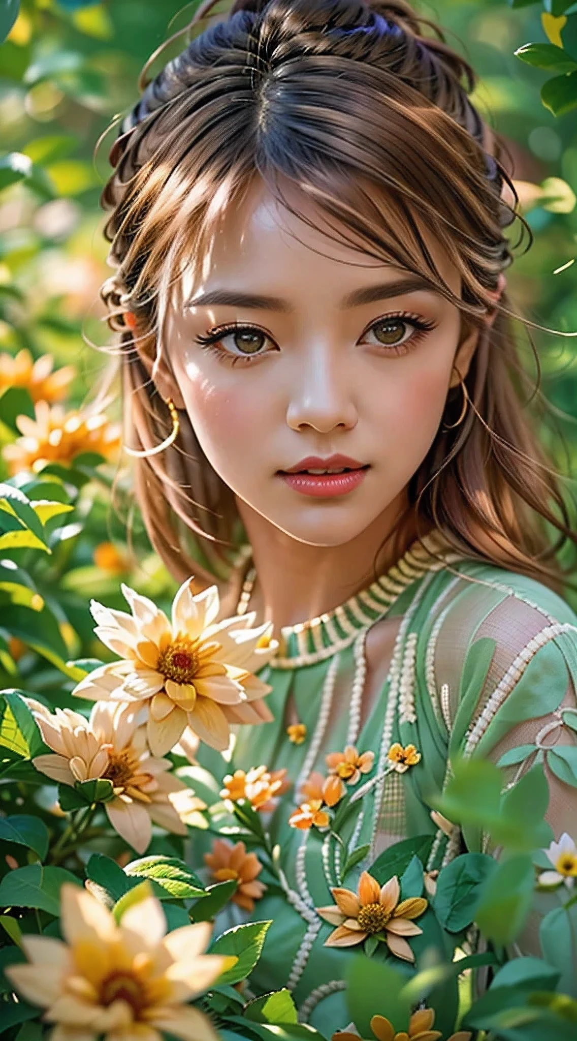 A girl in a floral garden, vibrant with colors, ((photorealistic)),((Hyper realistic)),((sharp focus)),(highest resolution),(the most absurd quality),(masterpiece) portrays a peaceful scene. This artwork, created with (oil paints:1.1), showcases the lush (greenery) and delicate (blooming flowers). The girl is wearing a (flowing dress) that compliments the lively surroundings. Her (beautiful detailed eyes, beautiful detailed lips, long eyelashes) exude a sense of (tranquility) and wonder. The garden is illuminated with (soft sunlight), casting gentle (sunlight) and (shadows) on the girl and the surrounding nature. The combination of (realistic, photorealistic:1.37) details, (sharp focus), and (bokeh) effect results in an (ultra-detailed) and captivating masterpiece. This artwork is evocative of the (impressionism) style, with a (colorful palette) that adds depth and richness to the scene, creating a sense of (serenity) and (joy). The (landscape) is harmoniously balanced, inviting the viewer to immerse themselves in the atmosphere of the garden, feeling the breeze and listening to the gentle rustling of leaves.