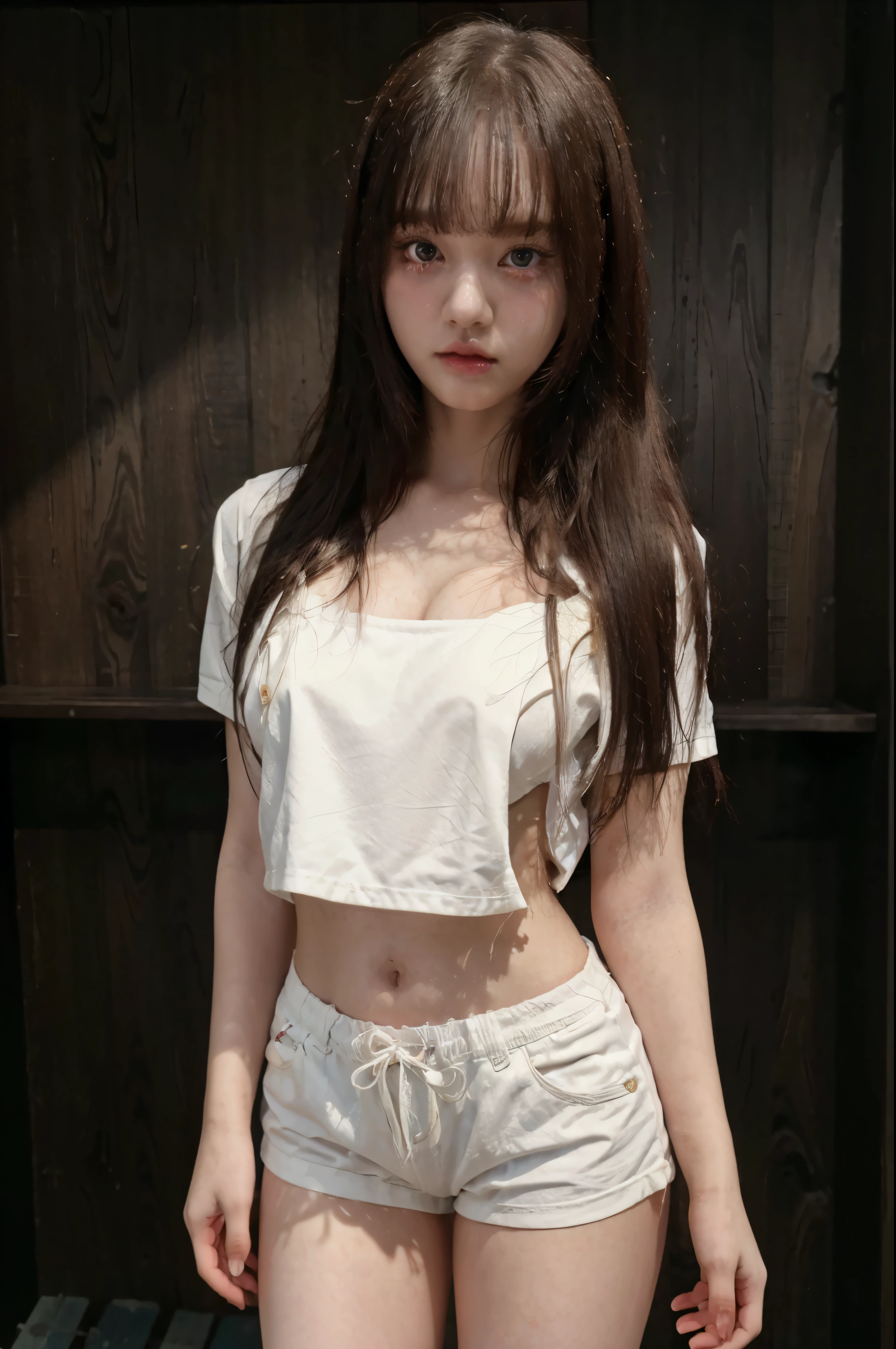 body view, young girl, kim chaewon as a sexy young girl, kim chaewon is a girl, 1girl, forest background, kim chaewon, girl, small breast, figure, long hair, face front, tight shirt, tight shorts, emotional face, make up, masterpiece, best quality