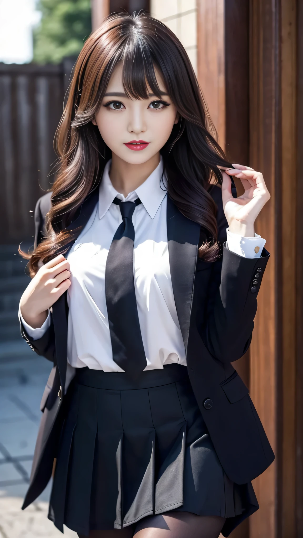 ltra-detailed、Japanese、attractive beauty、seductive adult woman、pretty woman、piercing eyes、cool girl、wavy hair、swept bangs、Female student、suit、Jacket、shirt、ribbon、blouse、Tight Skirt、pantyhose、beautiful feet、Evil cadres、evil depravity、brainwash、mind control、lipstick、smirk、dark makeup、hollow eyes,half-closed eyes、evil look、evil、empty eyes、evil、church at night、vampire、succubus、vampire、Swear allegiance、stand、