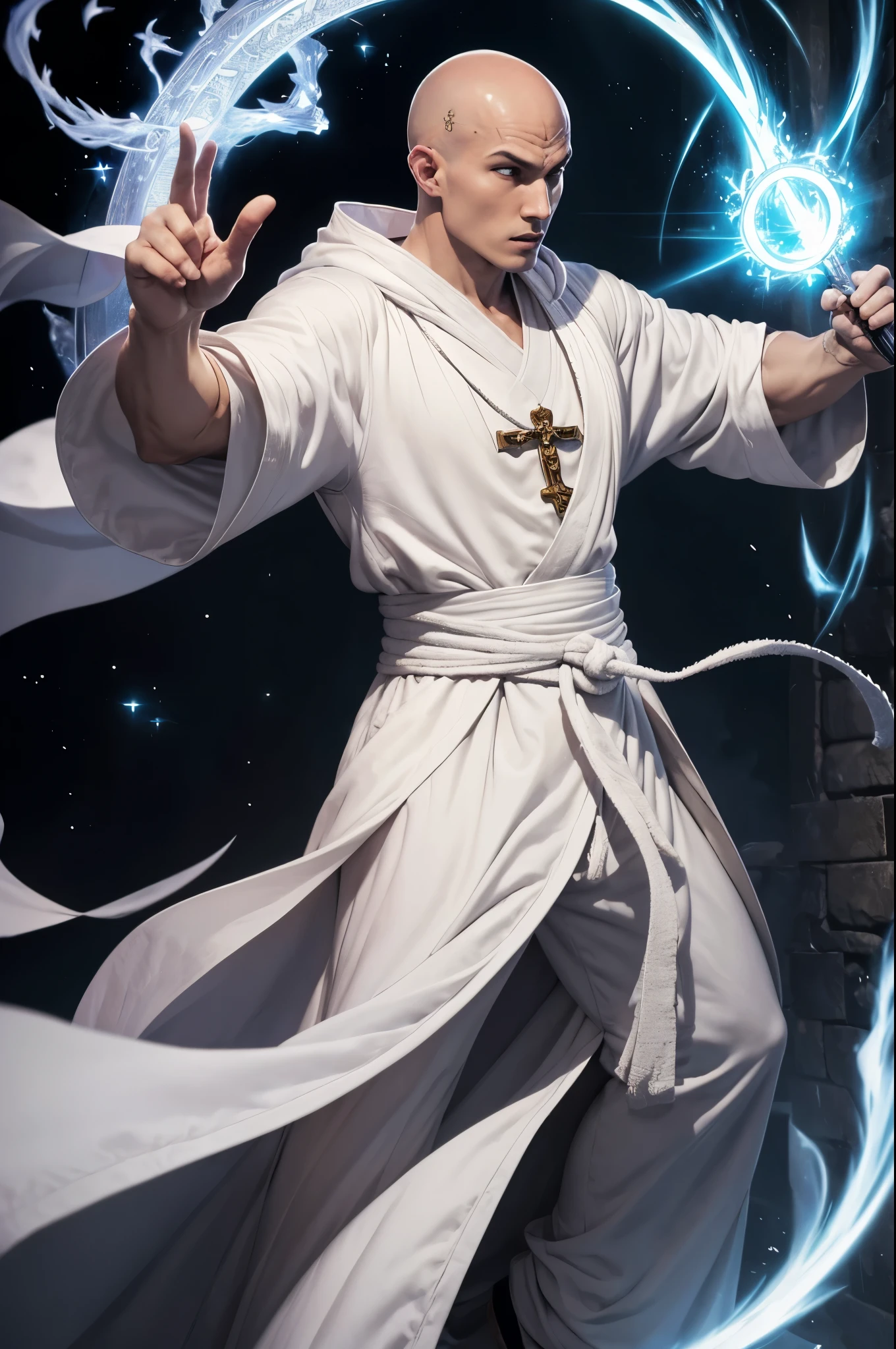 A monk (age 25, european, bald, athletic, white robe, platinum trim, bahamut holy symbol, holy aura), is in a fighting stance, kung fu, magic energy