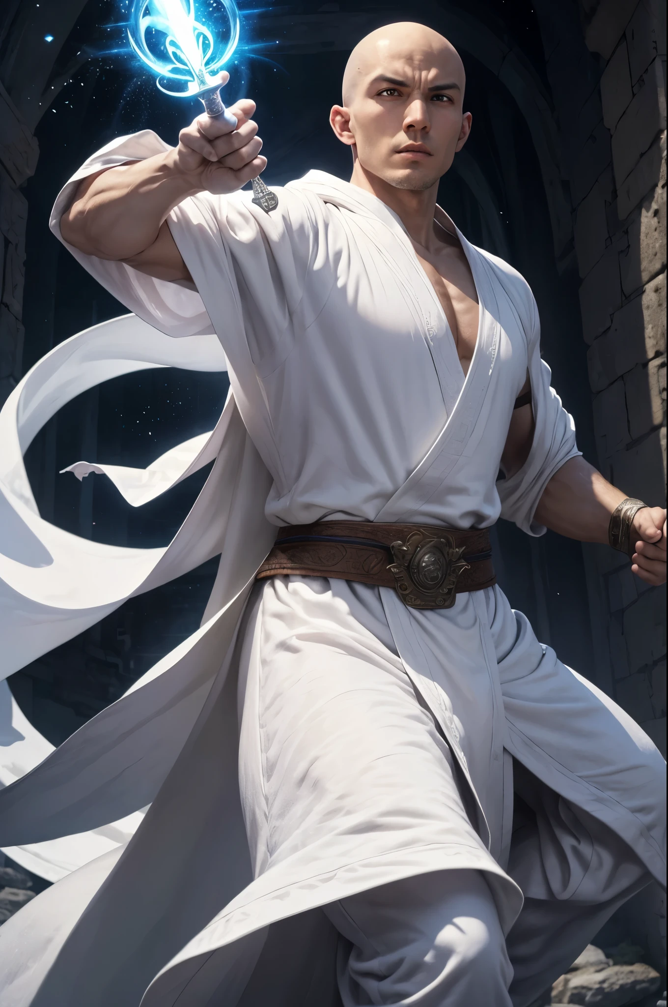 A monk (age 25, european, bald, athletic, white robe, platinum trim, bahamut holy symbol, holy aura), is in a fighting stance, kung fu, magic energy