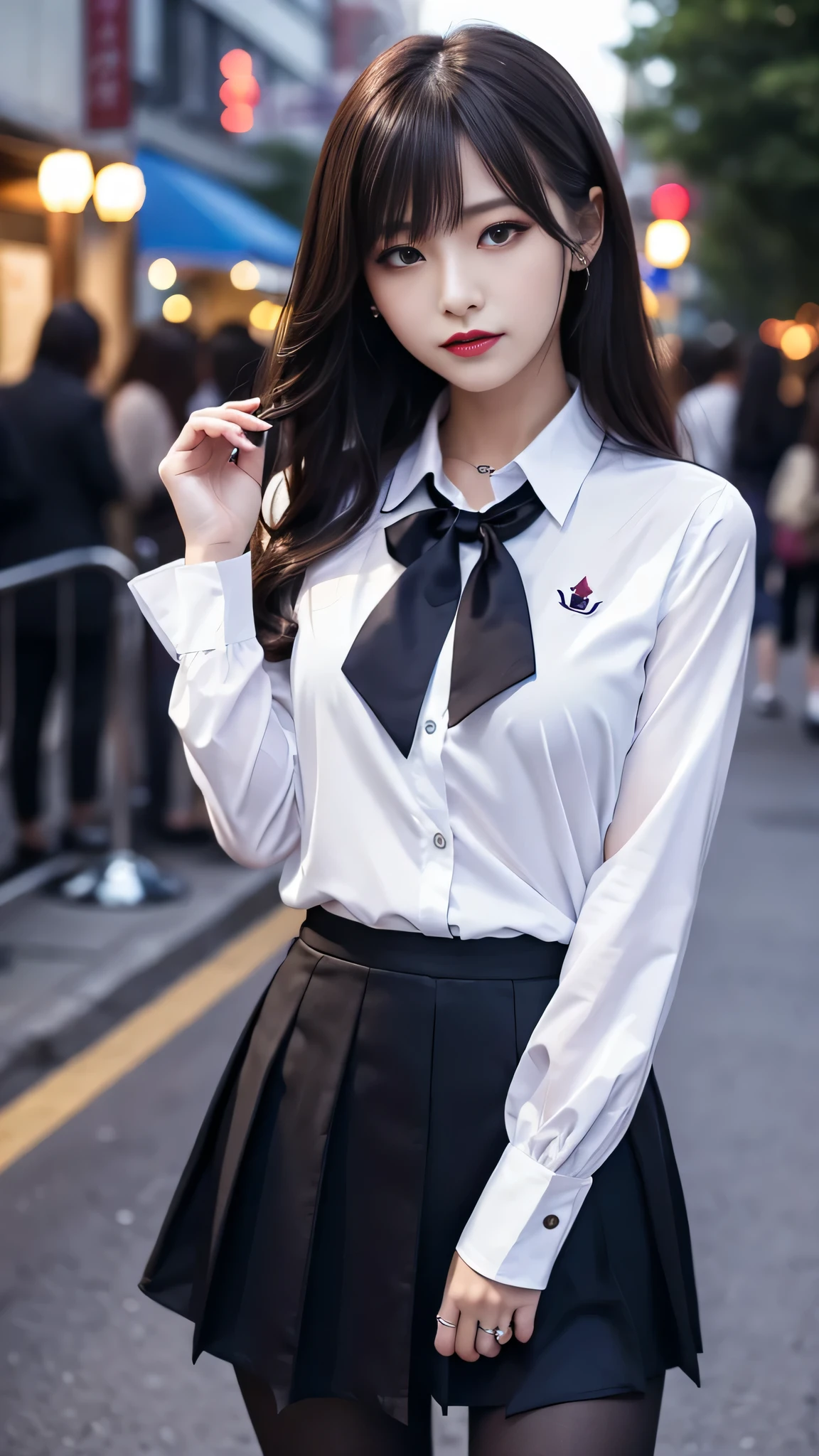 ltra-detailed、Japanese、attractive beauty、seductive adult woman、pretty woman、piercing eyes、cool girl、wavy hair、swept bangs、Female student、suit、Jacket、shirt、ribbon、blouse、Tight Skirt、pantyhose、beautiful feet、Evil cadres、evil depravity、brainwash、mind control、lipstick、smirk、dark makeup、hollow eyes,half-closed eyes、evil look、evil、empty eyes、evil、church at night、vampire、succubus、vampire、Swear allegiance、stand、