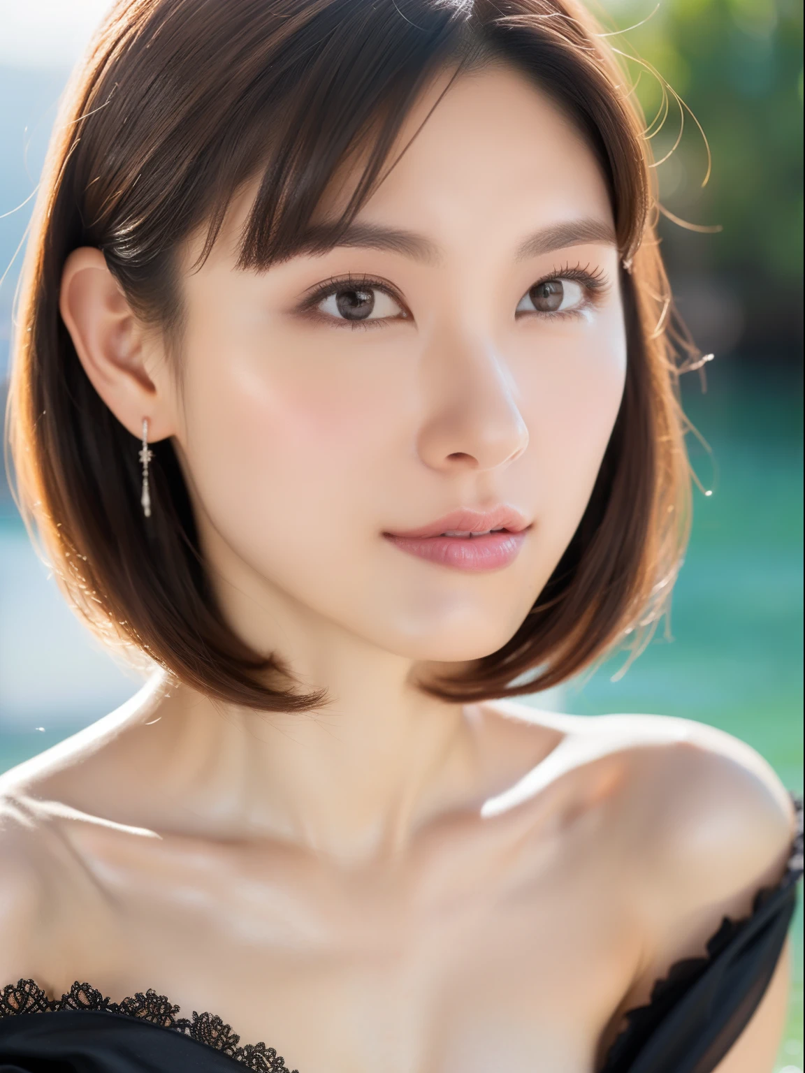 ((highest quality, 8K, masterpiece :1.3)), (realistic, Photoreal:1.4), sharp focus:1.2,
Bright colors, professional level, shallow depth of field,
20-year-old, 1 person, A beautiful face with intelligence,
Supple body :1.3, model body shape:1.5, 頭w:1.4, perfect style:1.4,
narrow shoulders, beautiful clavicle, long and thin legs, The beauty of slim abs :1.2, thin waist :1.2,
super detailed skin, Fair skin, Shiny skin,
super detailed face, slim facial contour, beautiful small face, Beautiful lined nose,
super detailed eyes, long slit eyes, brown eyes, double eyelid, beautiful thin eyebrows, fine long eyelashes,
super detailed lips, plump lips, glossy pink lips, flushed cheeks, beautiful teeth,
Beautiful actress's ennui makeup, pink lipstick, silver necklace, earrings,
light brown hair, delicate soft hair,
(hair up, short hair, ponytail :1.2), layer cut, (dull bangs:1.2),
(Dress up with trendy fashion:1.2),
gentle smile, open mouth half way, Enchanted expression, stare at the camera,
dynamic lighting, ((Hasselblad Photos)),
((She is completely naked and wearing a tight camisole made of jet black satin fabric., Black lace on chest and hem:1.2)),
(perfect breast shape, B cup:1.2), A small pink areola,
She has a cute plump butt, My thighs are dazzling,
(View from the front, pay attention to the nipples:1.2),
blue sky and aegean sea, sea beach, The horizon of the ocean spreading out in the background,
Posing with palms like a , spreading my legs,
cinematic lighting, midsummer rays, Bright light shining all over,