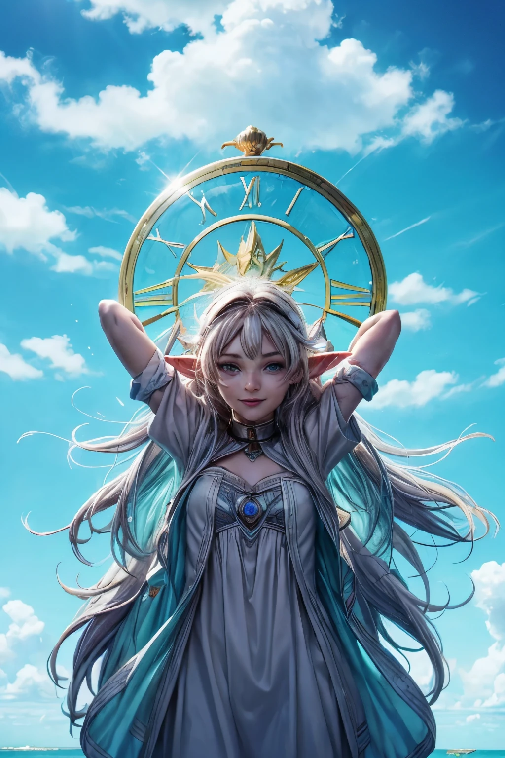 "((Innocent)) Smile, playful escapade, clockwork wonderland, joyous moments frozen in time, ((effervescent clouds)), liquid laughter, vibrant colors, whimsical tales,frieren, Elf
