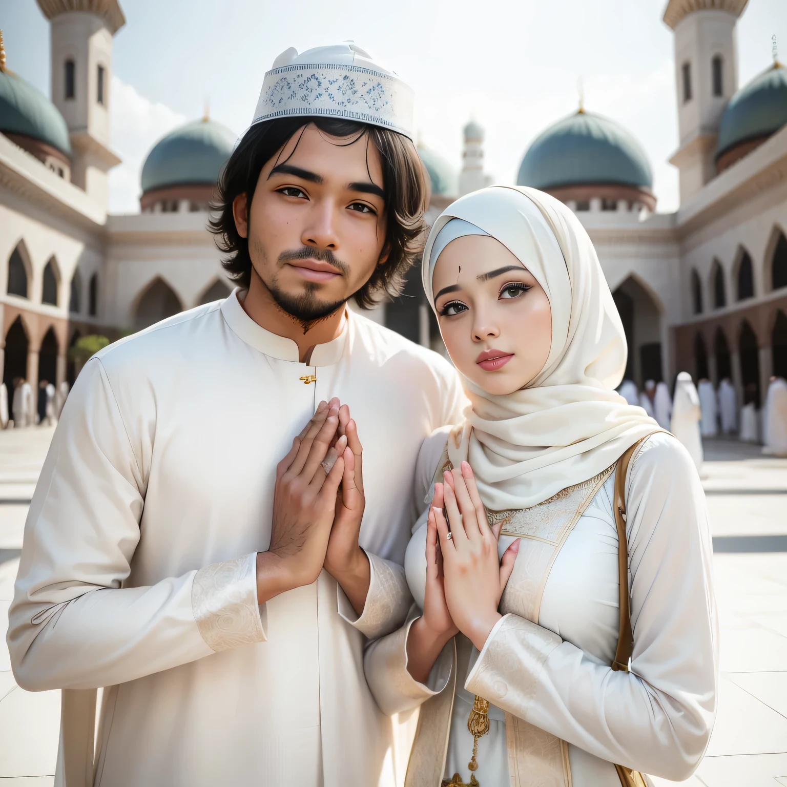 muslim couple in front of a mosque with hands together, muslim, profile picture 1024px, lovely couple, portrait shot, happy couple, couple, couple pose, wearing authentic attire, islam, islamic, wearing traditional garb, couples portrait, malaysian, couple portrait, traditional clothes, inspired by Basuki Abdullah, fanart, a colorized photo, wearing white cloths