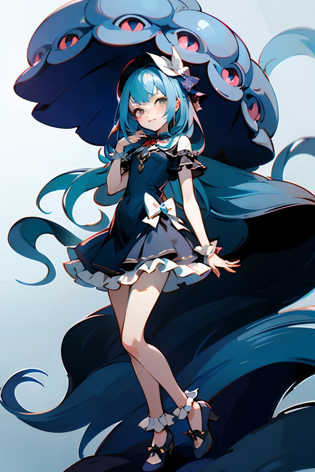 ((best quality)), ((masterpiece)), (detailed), dark brown skin, octopus girl, light blue hair, light yellow eyeambereye, lolita, hair bow, white lipstic, strawberry accents in outfit, small smile with some teeth, full body, light bluemary jane shoes, tail, silver bellneckl cut octopus tenticle small hair bow lolit, shit, modest, covered stomac, flowing dres, ocean frills on dress, neko girl