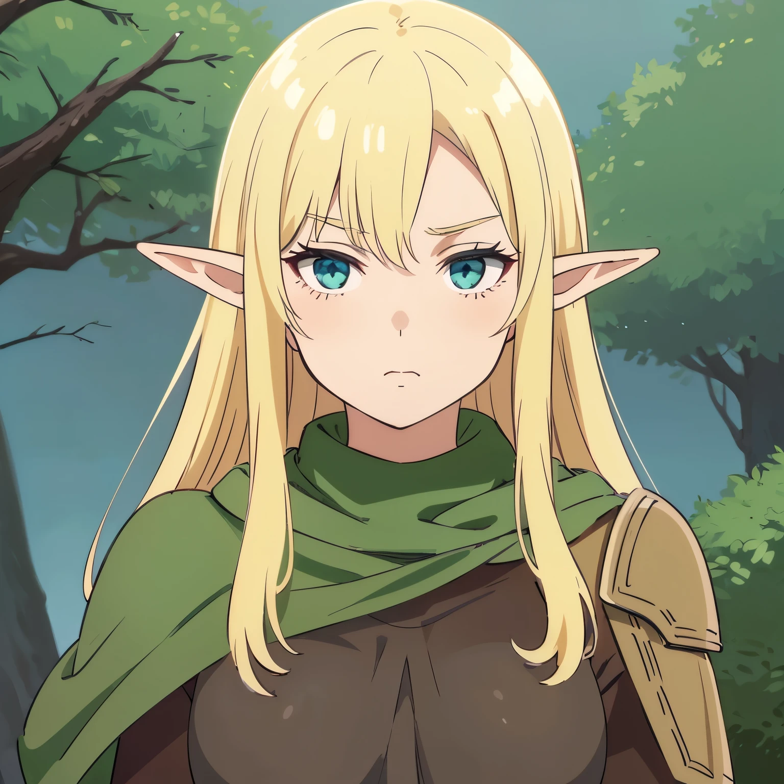 high quality, masterpiece. Elf girl. leather brown armor. green hunting cloak. Blue eyes. blonde hair. gloomy face. against the background of sky and forest.
