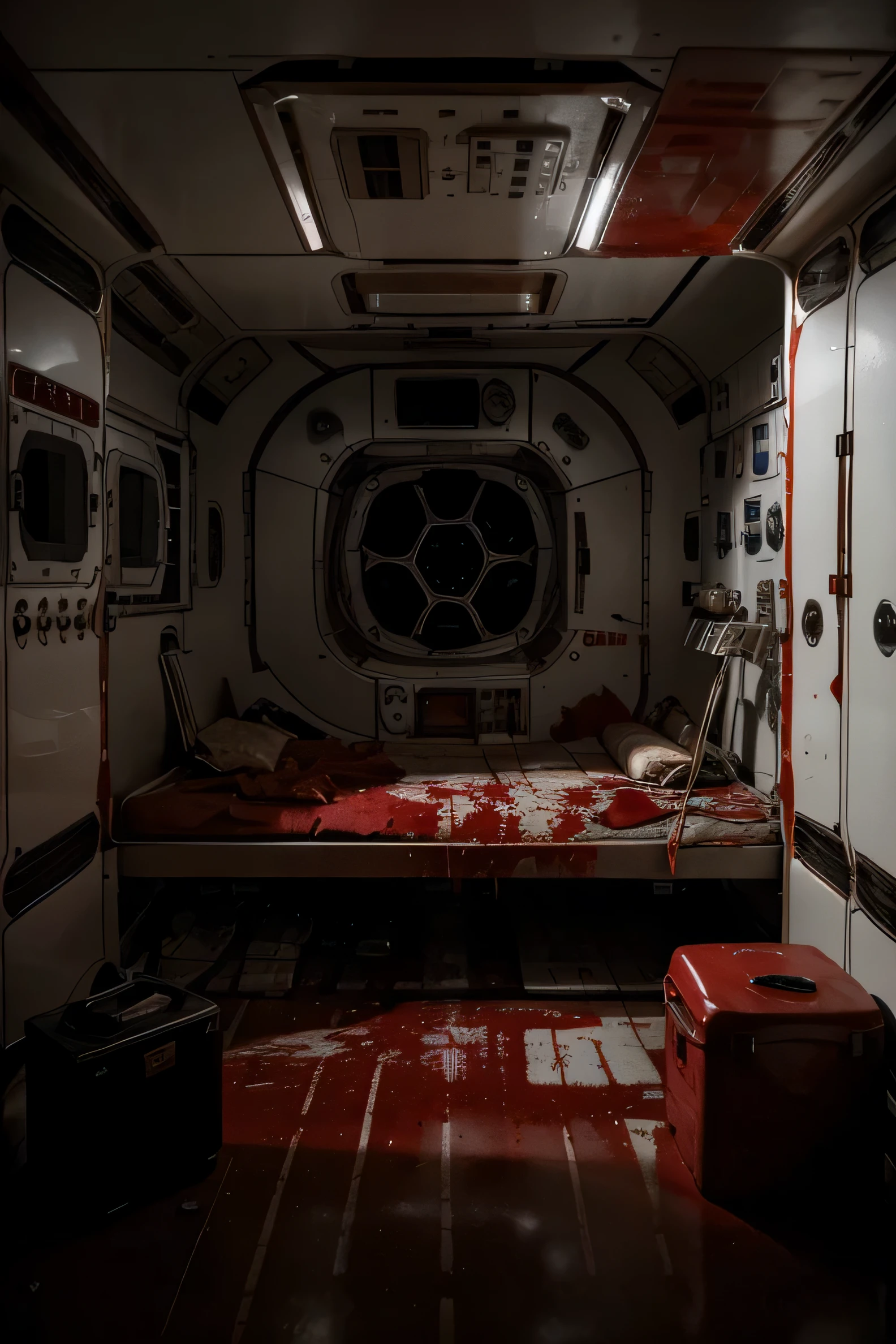 Interior image of the International Space Station with blood looks all over if it were a terrial movie set