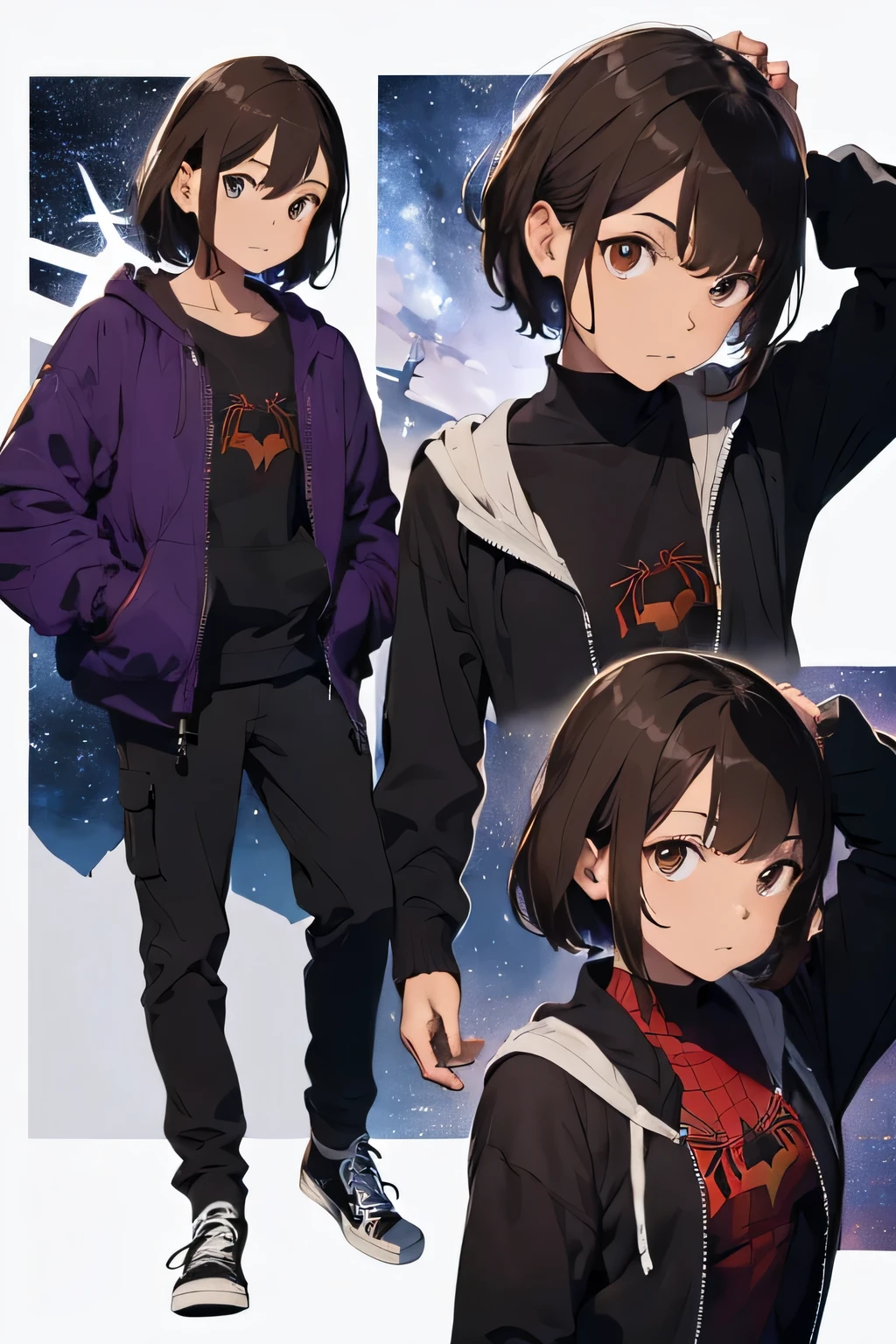 ((Mejor calidad)), ((obra maestra)), (detallado), cara perfecta, Brown hair, Brown eyes, usa converse negros, universo de marvel, Spiderman suit, the spider in the suit is purple and the rest is black., he wears a mask and the suit is full body, esta toda cubierta