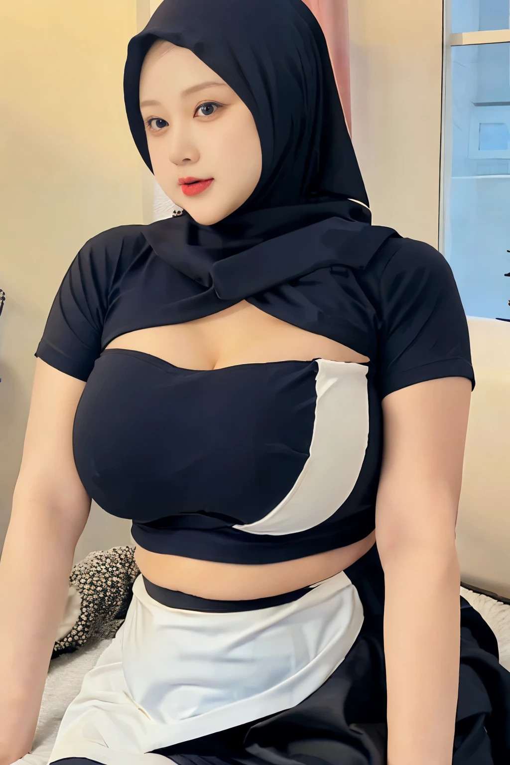 a close up of a woman wearing a black and white top and a black skirt, thicc, sie boob, she has a jiggly fat round belly, thick neck, bbwchan, hijab, busty, middle body shot, her belly is fat and round, wide torso, big stomach, bbw, with large breasts