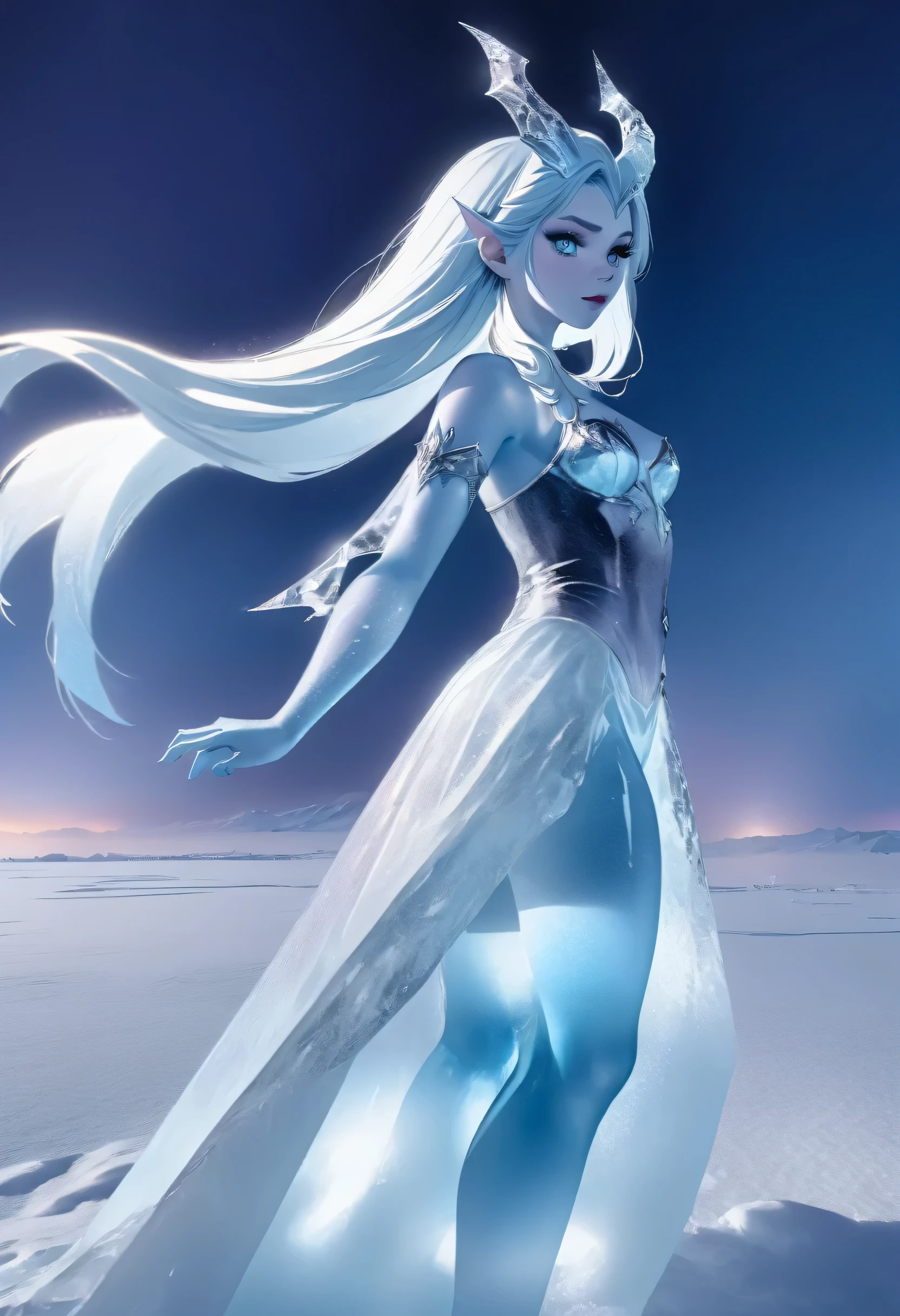 (8k, highest quality, masterpiece: 1.2), (realistic, realistic: 1.37), Super detailed, ((an ice female sexy demon:1))、Standing in the frozen snow field、Witch wearing pale armor, ((sexy costume:1)), SEXY female devil, ((aurora in the night sky)),  ((pale blue skin:1))