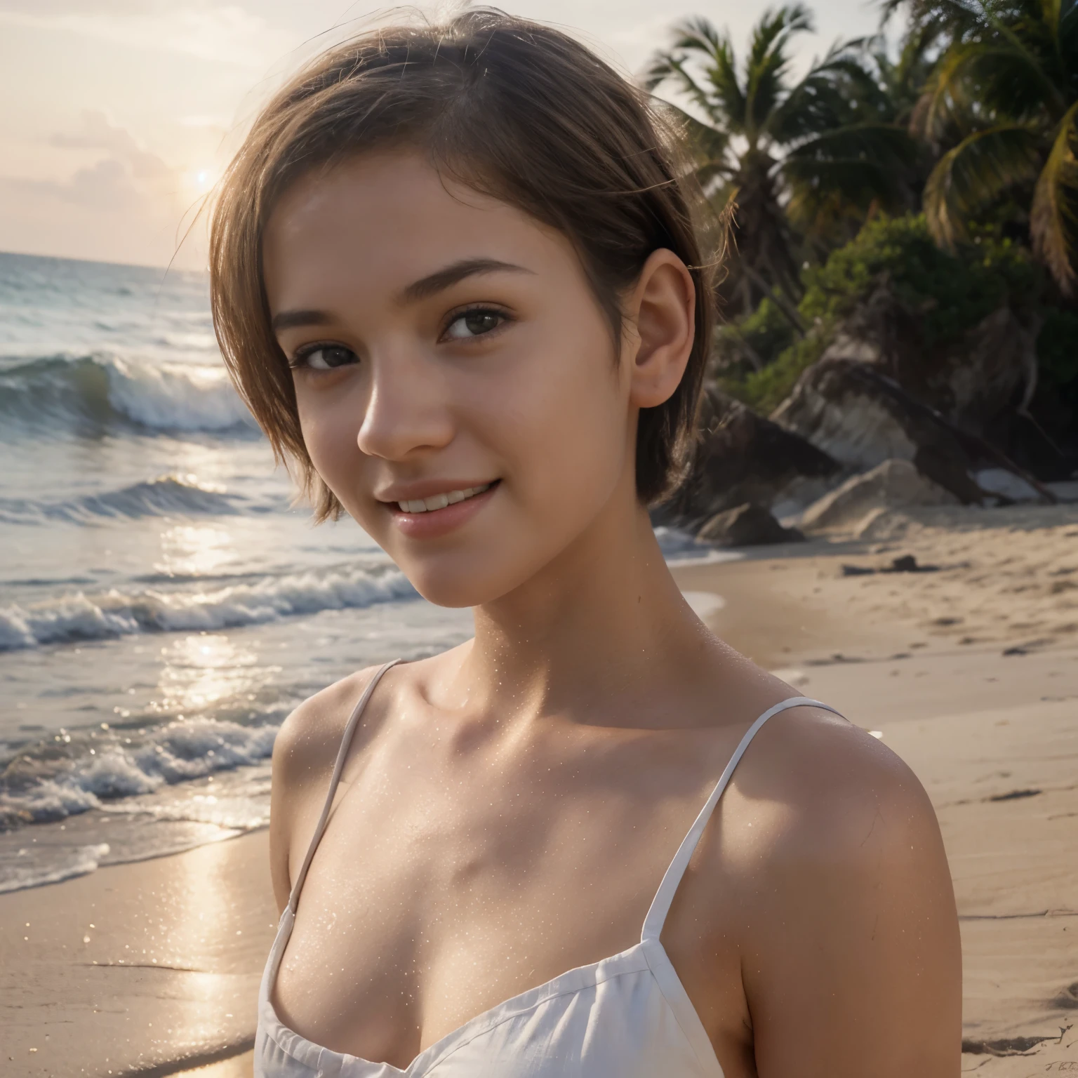 (((Absolutely shoulder-length brown hair straight short bob)))、(((She poses like a model wearing a bikini swimsuit at the beach.)))、(((light of a summer day)))、close up of face、Half Japanese and Korean、18 year old girl、standing alone、facing forward、light eye makeup、brown hair color、flat and 、hair blowing in the wind、actress quality、Shiny, ultra-realistic face、smiling expression、Moist eyes、Looking directly at the camera、subdued lighting effects、 ultra-realistic capture、very detailed、High resolution 16K close-up of human skin。Skin texture must be natural、Must be so detailed that pores can be identified、skin is healthy、Must have an even tone、use natural light and colors、High quality photos taken by a model agency's exclusive photographer、smile