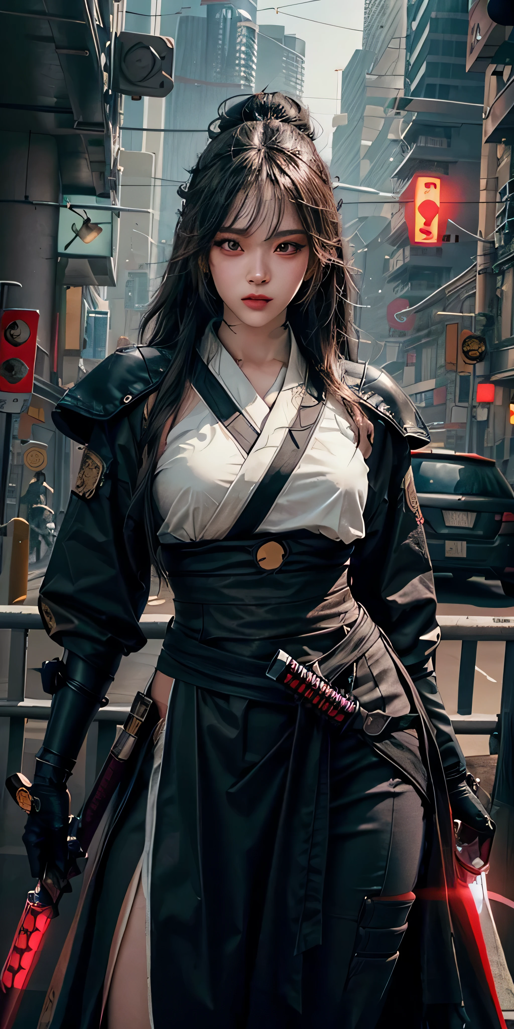 photorealistic, high resolution, soft light,1women, solo, hips up, (detailed face), black long hair, cybersamurai, cyborg, cyberpunk,  cyber armor, holding weapon,glowing,on the street , kimono , sniper looking at the target, katana