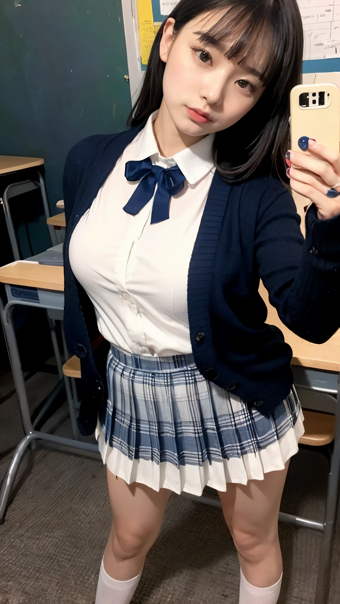8K、High resolution、masterpiece、realistic、In detail、fine texture、high contrast、alone、high school girl、natural body shape、white skin、natural makeup、black hair、bangs、straight long hair、((high school uniform))(((navy blue cardigan、white collared blouse、red school ribbon、plaid pleated skirt、mini skirt)))、((big breasts))、、school classroom、(Look straight ahead and look down at the camera)、full body photo、Head-to-toe portrait、expose thighs、dark blue socks、White School Shoes、((selfie))、((Lifting the skirt with one hand))、((pure white panties))、standing with legs apart、Low - Angle
