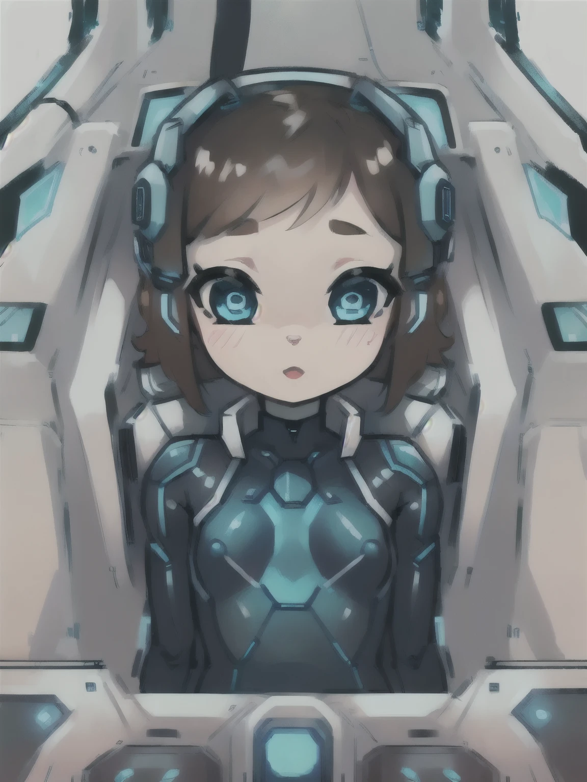 (young girl:1.2), (brown hair), (small breasts), (black and white plugsuit:1.2), (vibrant colors blue green futuristic cockpit)