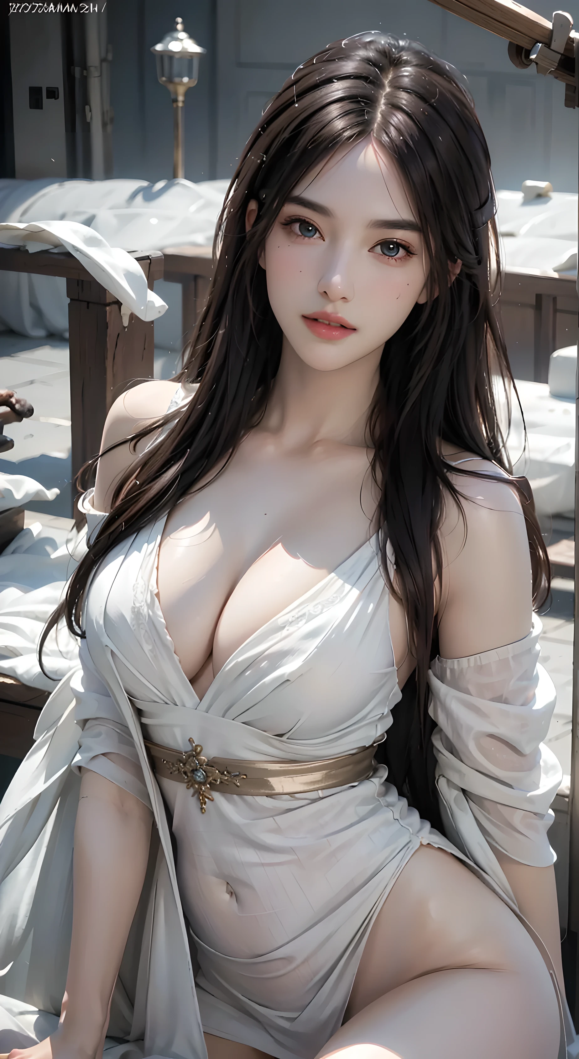 (hyperrealistic), (illustration), (high resolution), (8K), (extremely detailed), (best illustration), (beautiful detailed eyes), (best quality), (ultra-detailed), (masterpiece), (wallpaper), (detailed face), solo, (dynamic pose), 1girl, white dress, off-the-shoulder, blooming flower field, glowing skin, light smile, camel toe, (no panties), (no bra), half