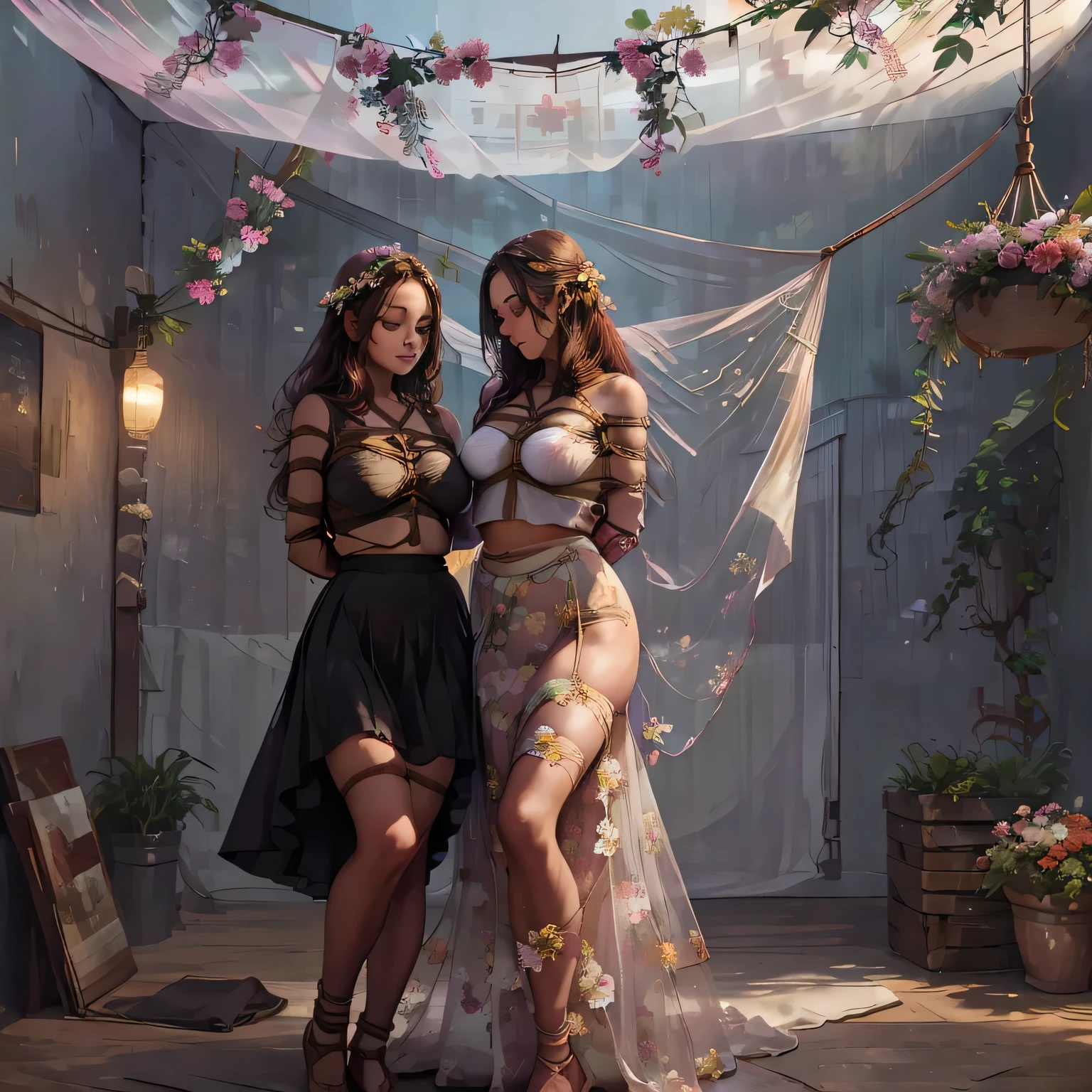 two girl,(bright lighting,romantic setting),dreamy background,,dark hair, mesmerizing gaze, , soft skin, alluring beauty, artistic portrait, high-quality image, vibrant colors,long floral sheer skirt, mosquito net, romantic bedroom, sidesuspension,solobound,full body visible on the screen