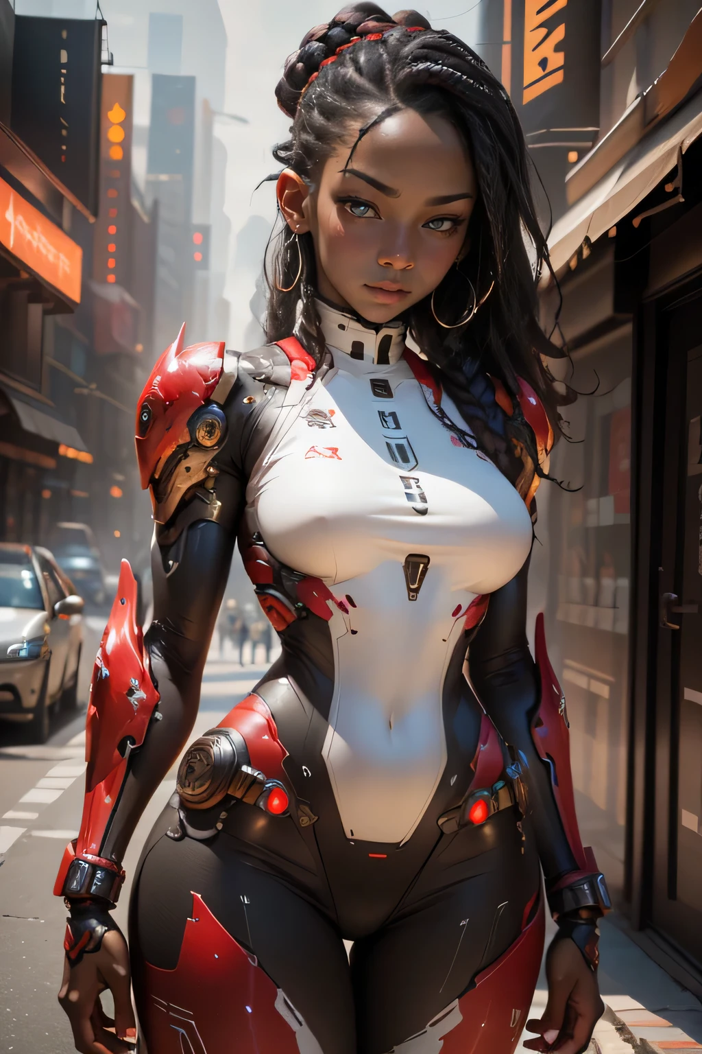 best quality, high resolution, cinematic photo, professional portrait, sharp focus, a female dark ebony Jedi, braided hair, mecha bodysuit with scarlet red details, heterochromia in the eyes, ironic expression, stand pose, cyberpunk background, masterful brushstrokes, oil painting texture, detailed facial features