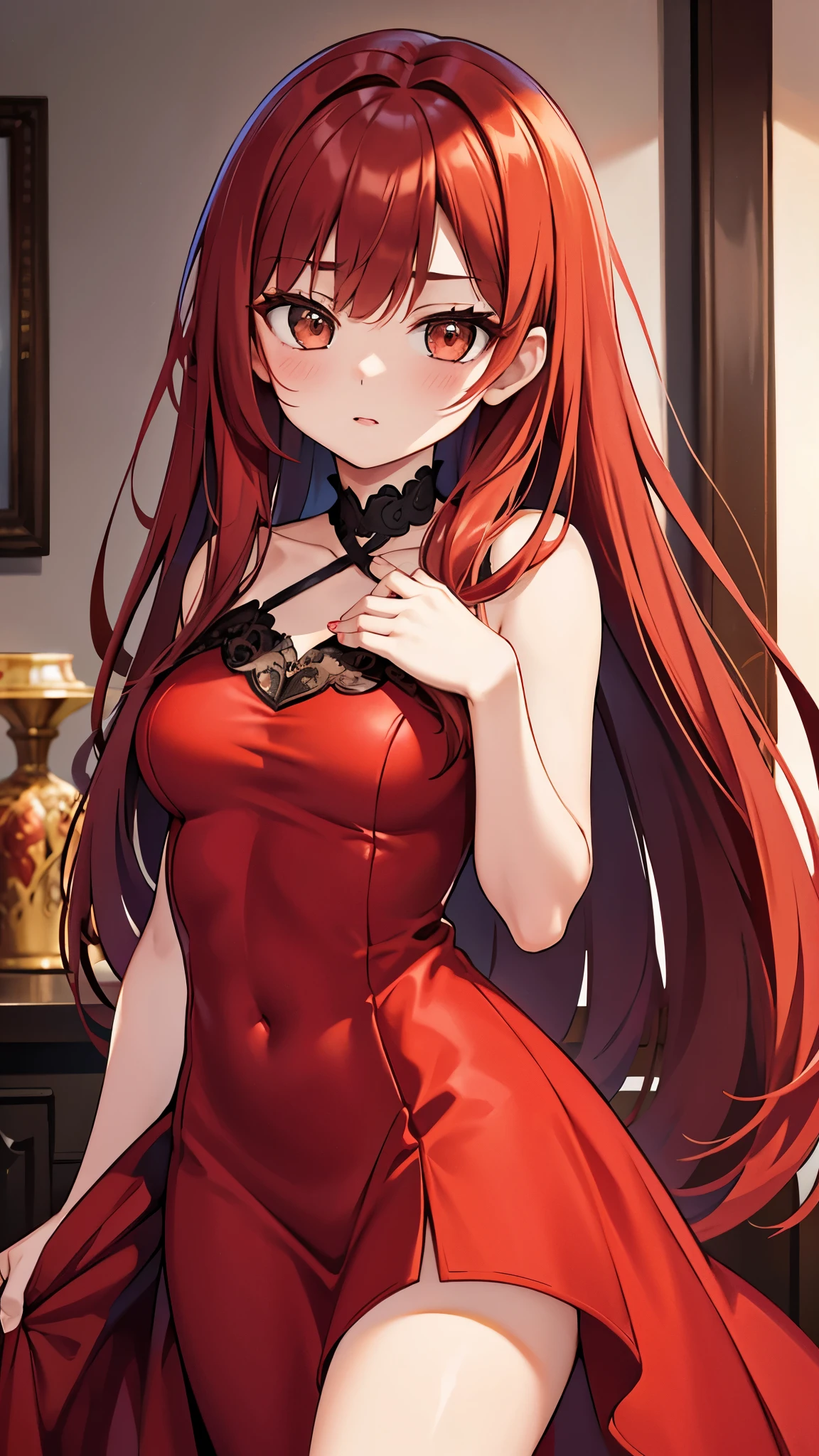 Beautiful redhead girl with brown eyes and long hair in elegant red dress on a photo shoot