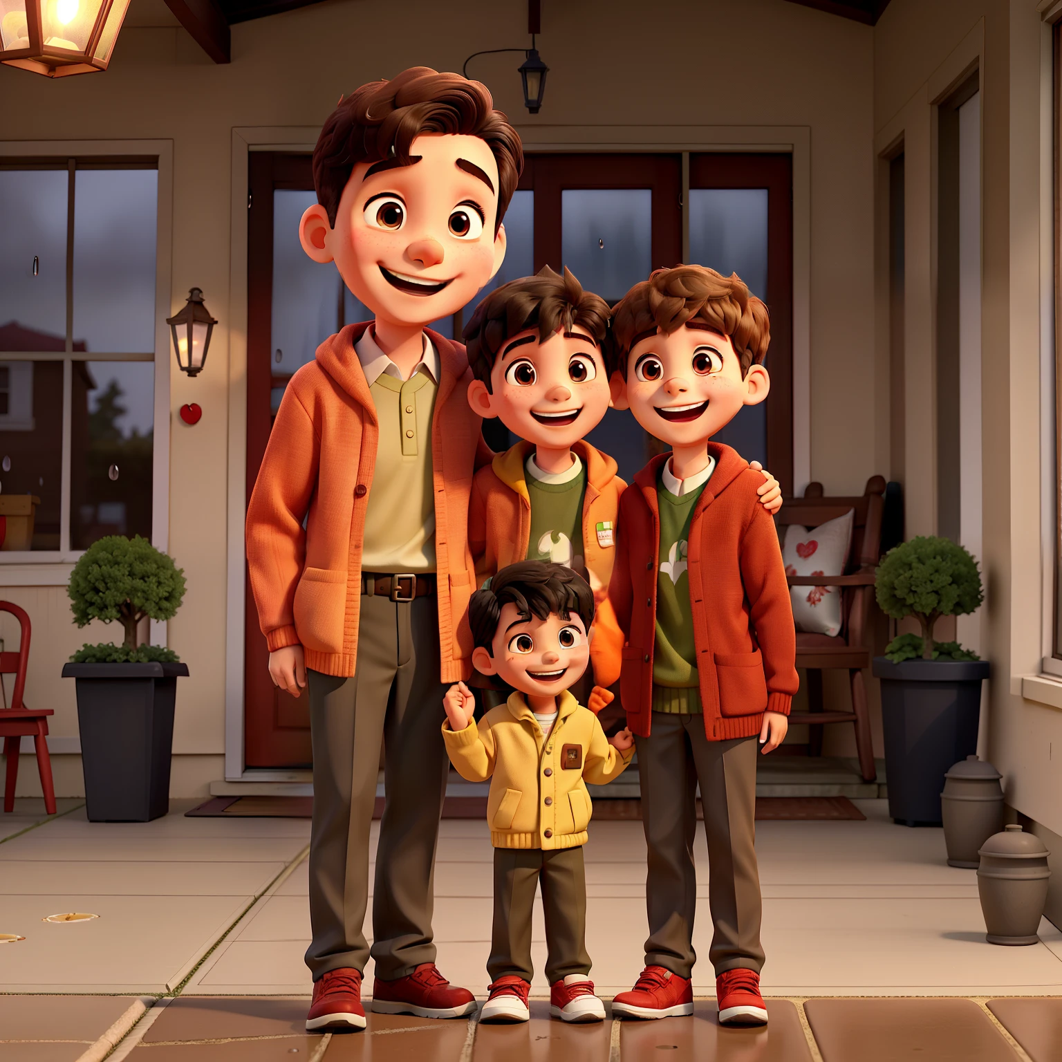 Boy with a bright smile on his face, dressed in a red sweater and khaki pants, stands at the doorstep of his house as his parents approach. The warm light from the porch lamp illuminates his radiant expression. His parents, both wearing raincoats, walk towards him under the gentle drizzle, their faces lighting up with joy and love as they embrace him tightly. The sound of their laughter fills the air, intermingling with the distant rhythm of raindrops on the roof. The boy's heart swells with happiness, cherishing every moment spent with his beloved parents.